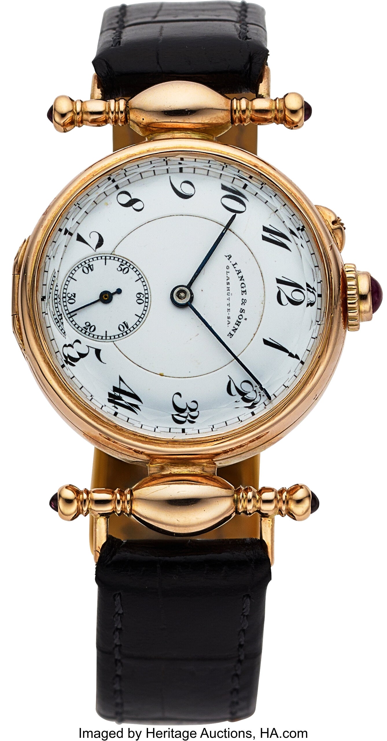 A. Lange and Söhne Custom Made 14k Gold Wristwa: A. Lange and Söhne Custom Made 14k Gold Wristwatch Case: 31 mm, 14k yellow gold, hinge-set case with ruby adorned crown and mobile T-form center mount lugs, and