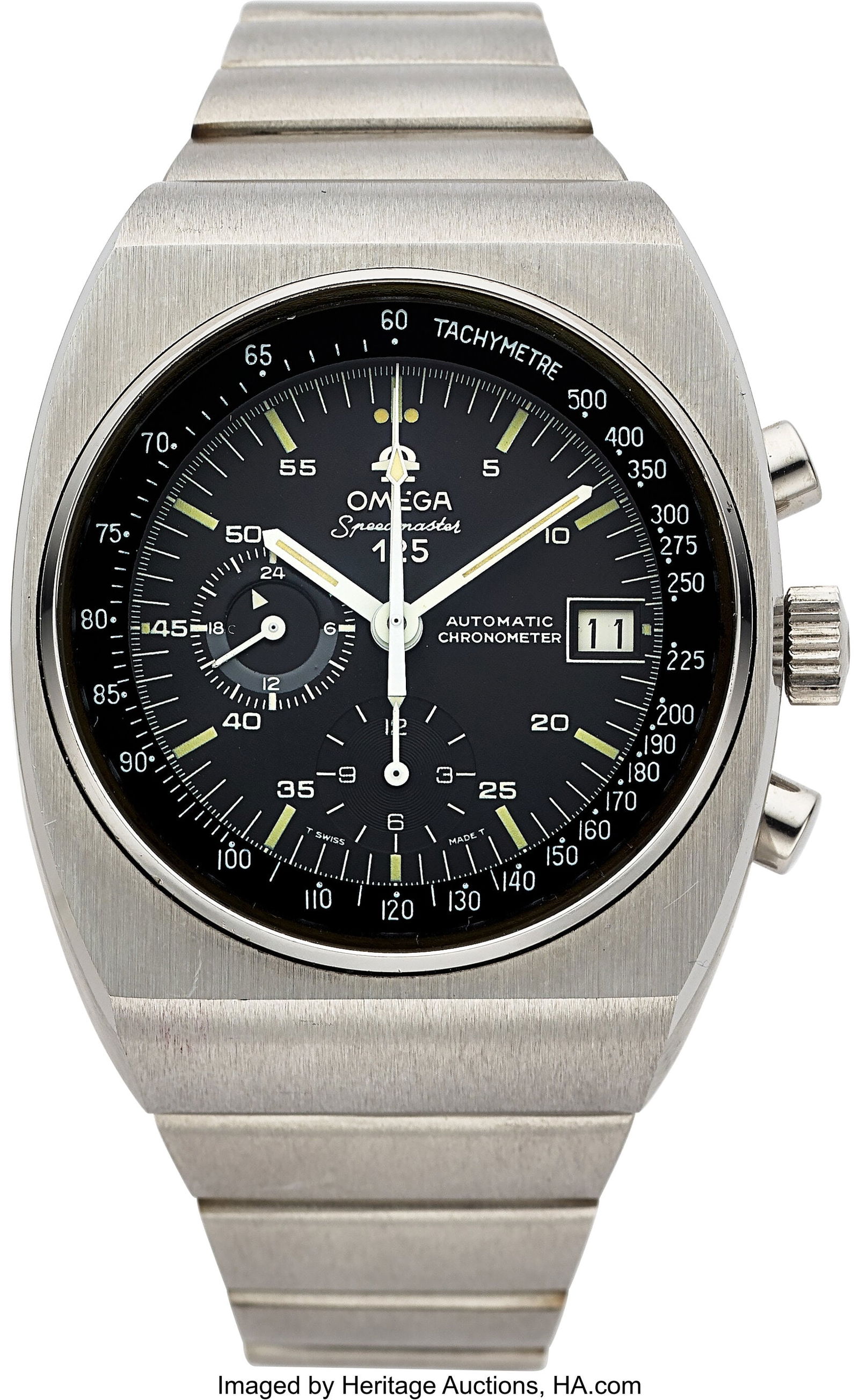 Vintage Stainless Steel Omega Speedmaster 125 C: Vintage Stainless Steel Omega Speedmaster 125 Case: 42 mm, steel, three body, screw-down case back, , L361 Dial: black dial, inner Arabic five minute