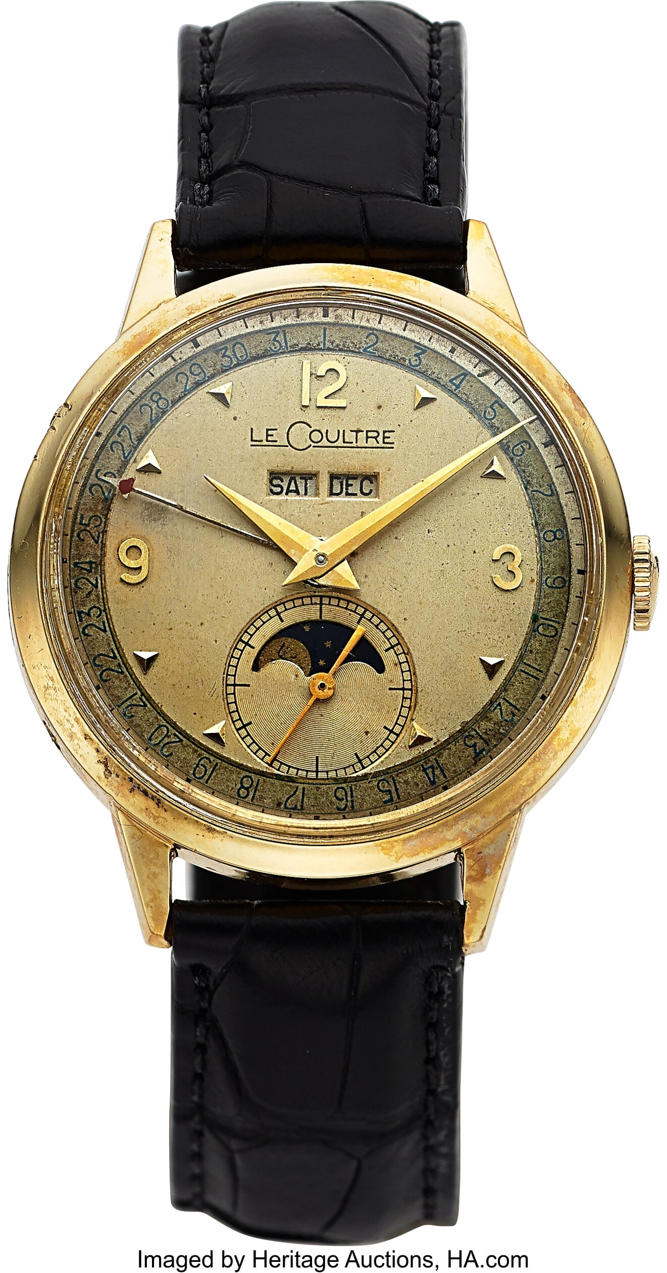 LeCoultre 14k Gold Moon Phase Wristwatch Case: LeCoultre 14k Gold Moon Phase Wristwatch Case: 35 mm, 14k gold, two body, No. 92730 Dial: tan dial with Arabic numerals for 12, 3, and 9