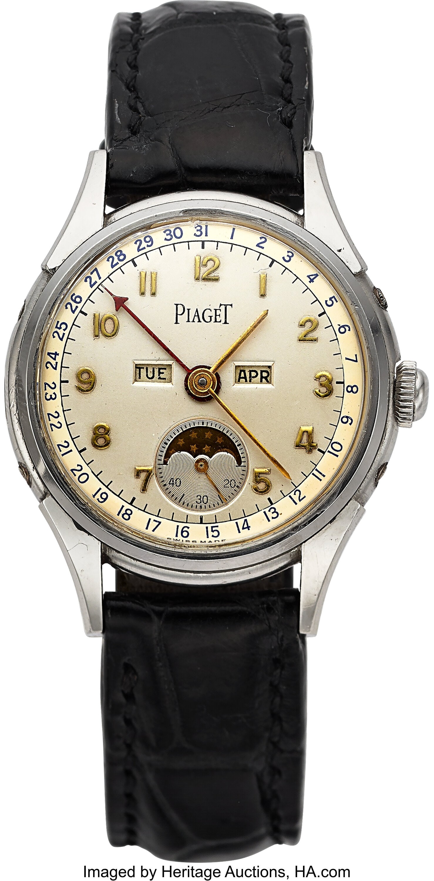 Piaget, Stainless Steel, Manual Wind Wristwatch,: Piaget, Stainless Steel, Manual Wind Wristwatch, Calendar Moon Phase Case: 34 mm, stainless steel, three body, snap-on case back, No. 140265