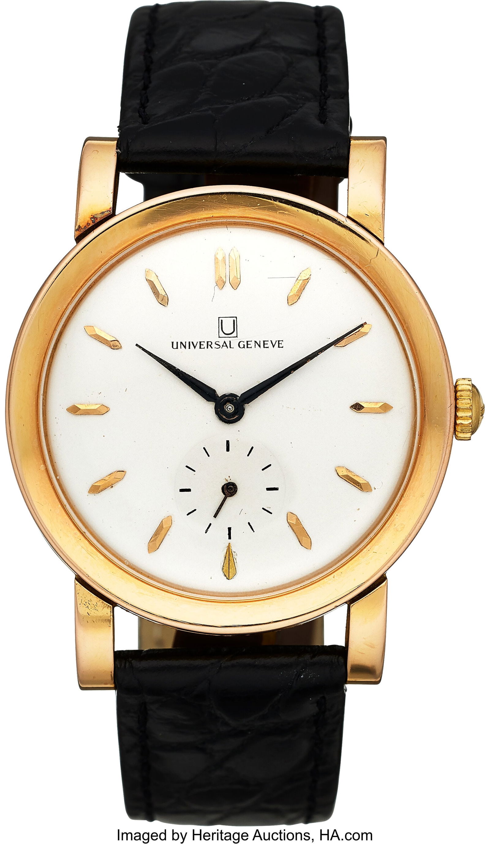 Universal Geneve 18k Gold Dress Watch, Ref. 1092: Universal Geneve 18k Gold Dress Watch, Ref. 109295 Case: 34 mm, 18k gold, three body, snap-on case back, down-turned lugs, 1382341 Dial: white