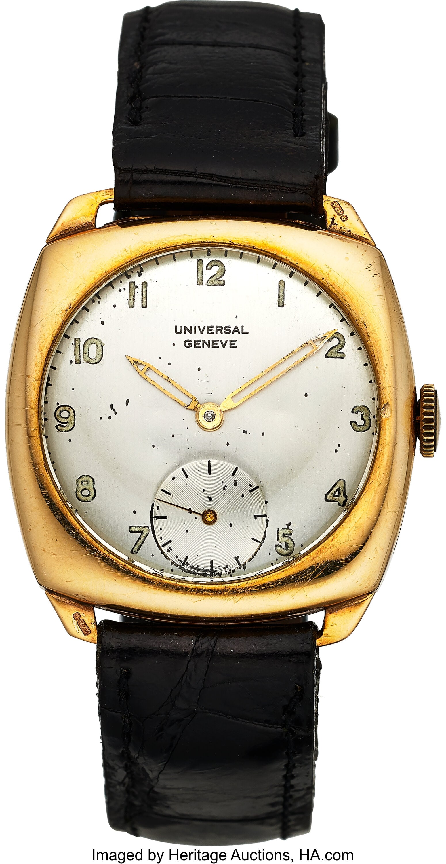 Universal Geneve Vintage 9k Gold Cushion Shaped: Universal Geneve Vintage 9k Gold Cushion Shaped Wrist Watch Case: 31 mm, 9k yellow gold, two body, hinged case back, push-pull crown, and wire lugs, 30100