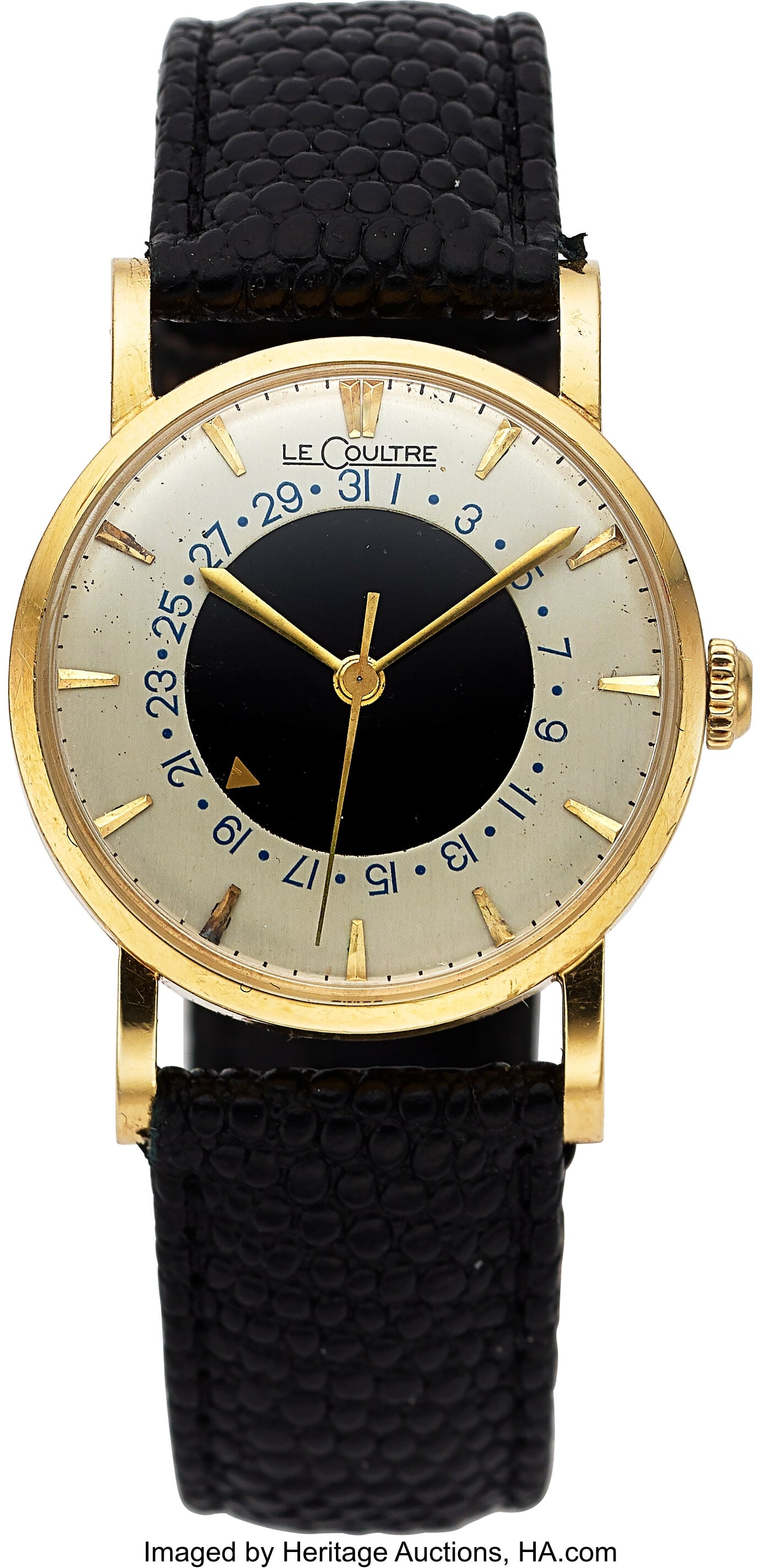 Jaeger LeCoultre 14k Yellow Gold Center Date Wri: Jaeger LeCoultre 14k Yellow Gold Center Date Wristwatch Case: 30 mm, 14k yellow gold, three body, snap-on case back Dial: white dial, black inner spinning