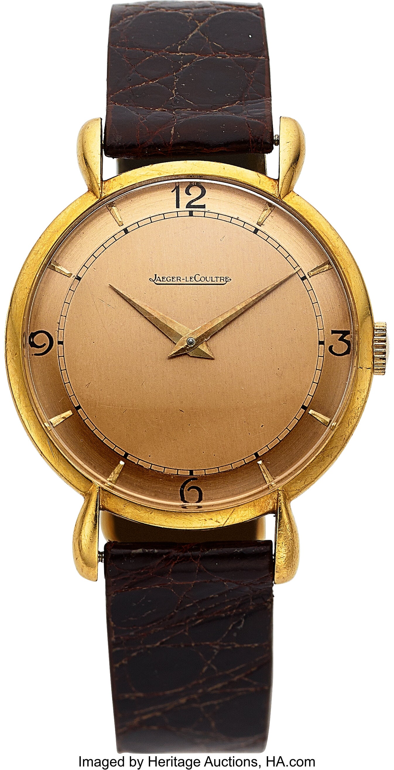 Jaeger LeCoultre Vintage 18k Yellow Gold Manual: Jaeger LeCoultre Vintage 18k Yellow Gold Manual Wind Wrist Watch Case: 35 mm, 18k gold, three body case, teardrop lugs, No. 356144 Dial: warm gold with