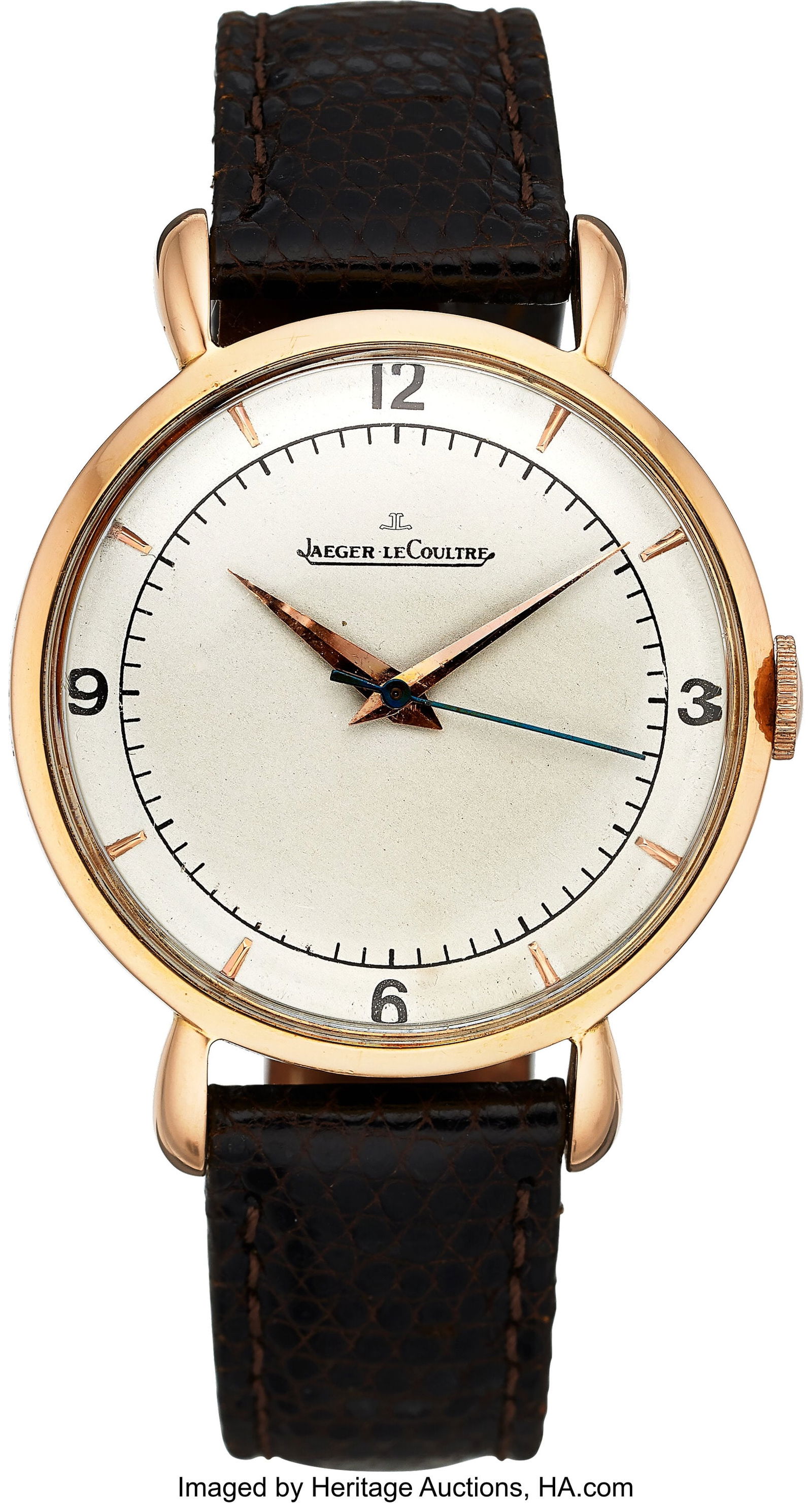 Jaeger LeCoultre 18k Rose Gold Manual Wind Case: Jaeger LeCoultre 18k Rose Gold Manual Wind Case: 35 mm, 18k rose gold, three body, snap-on case back, No. 391839 Dial: silvered dial with black Arabic