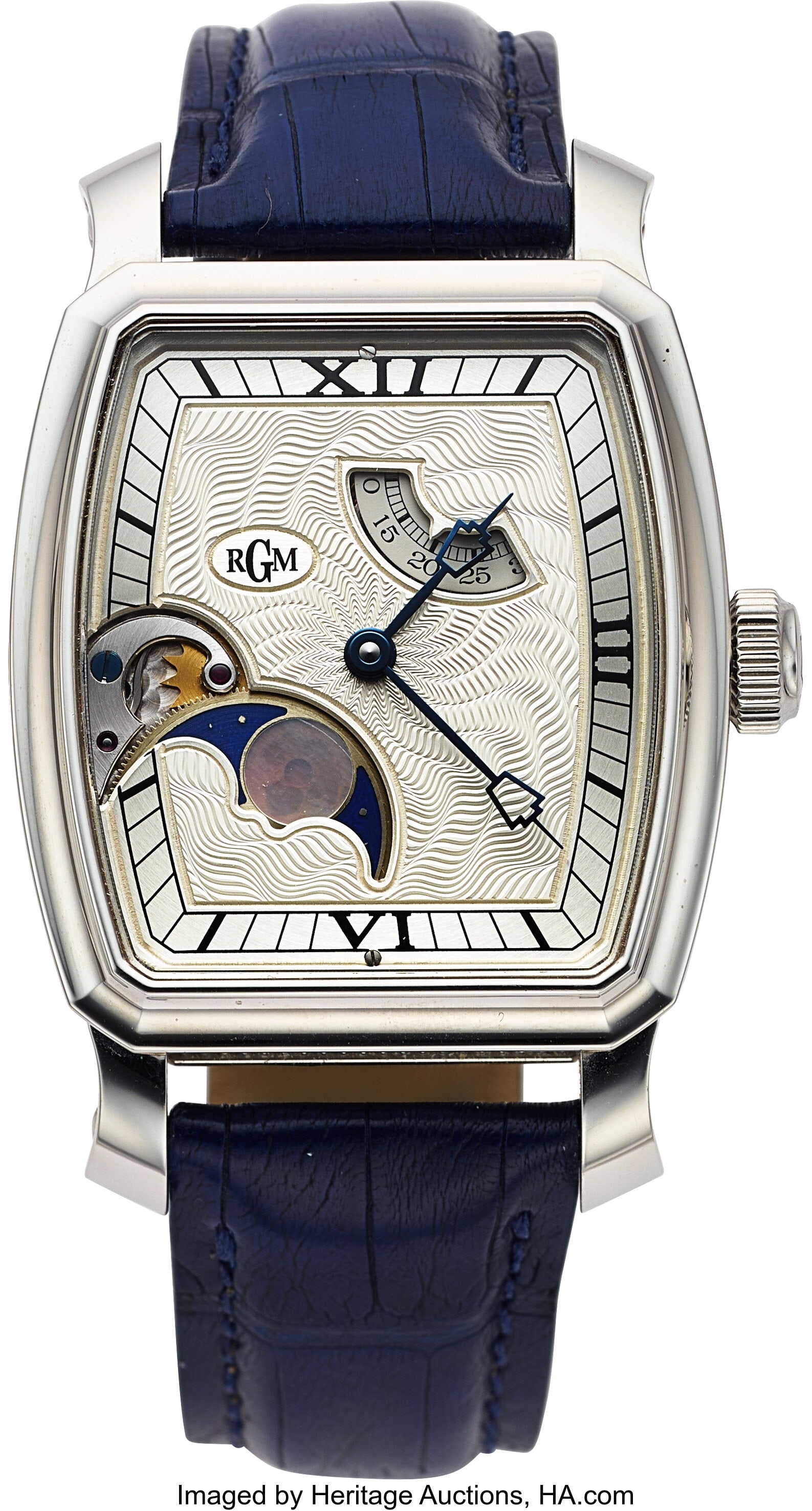 RGM William Penn MoonPhase Model Caliber 20 Cas: RGM William Penn MoonPhase Model Caliber 20 Case: 38 mm x 42 mm, polished stainless steel, three body tonneau, 10 screw exhibition case back Dial: tonneau white