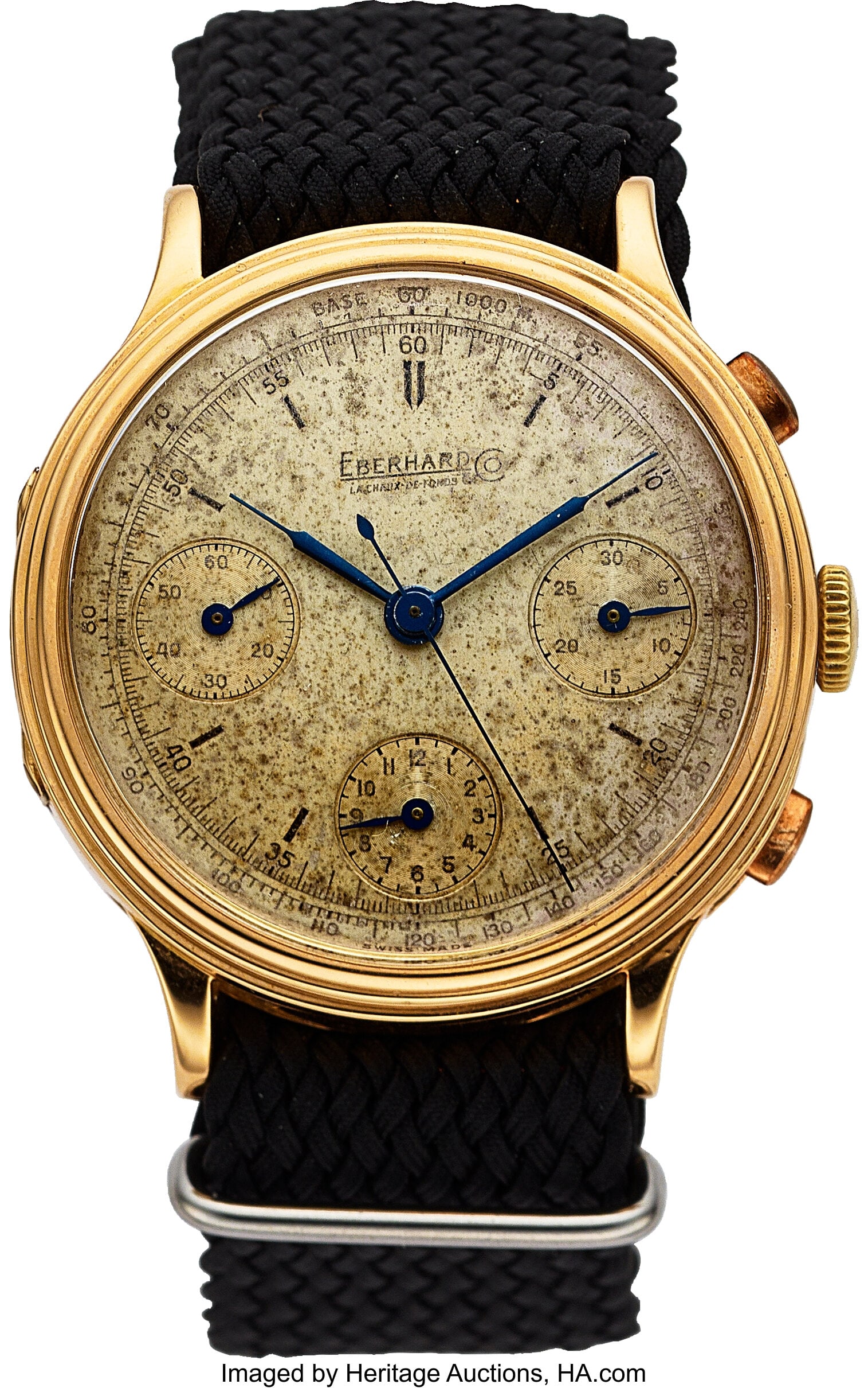 Eberhard 18k Yellow Gold "Clicker" Back Case: 3: Eberhard 18k Yellow Gold "Clicker" Back Case: 39 mm, 18k yellow gold, three body, hinged case back, fixed bezel, No. 1003781 Dial: original white
