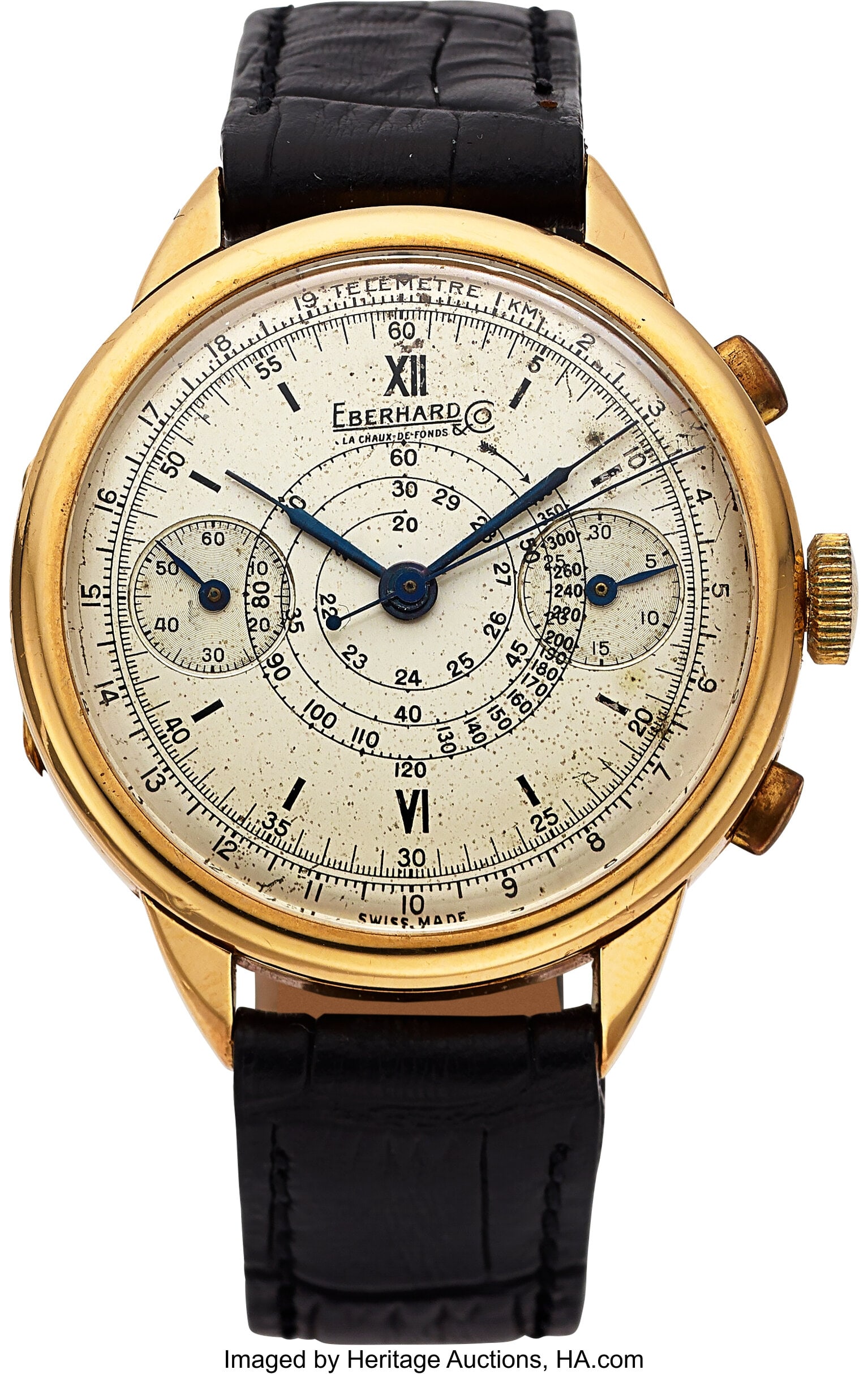 Eberhard 18k Yellow Gold Chronograph Case: 39 m: Eberhard 18k Yellow Gold Chronograph Case: 39 mm, 18k yellow gold, three body, hinged case back, fixed domed bezel, No. 1006168 Dial: white