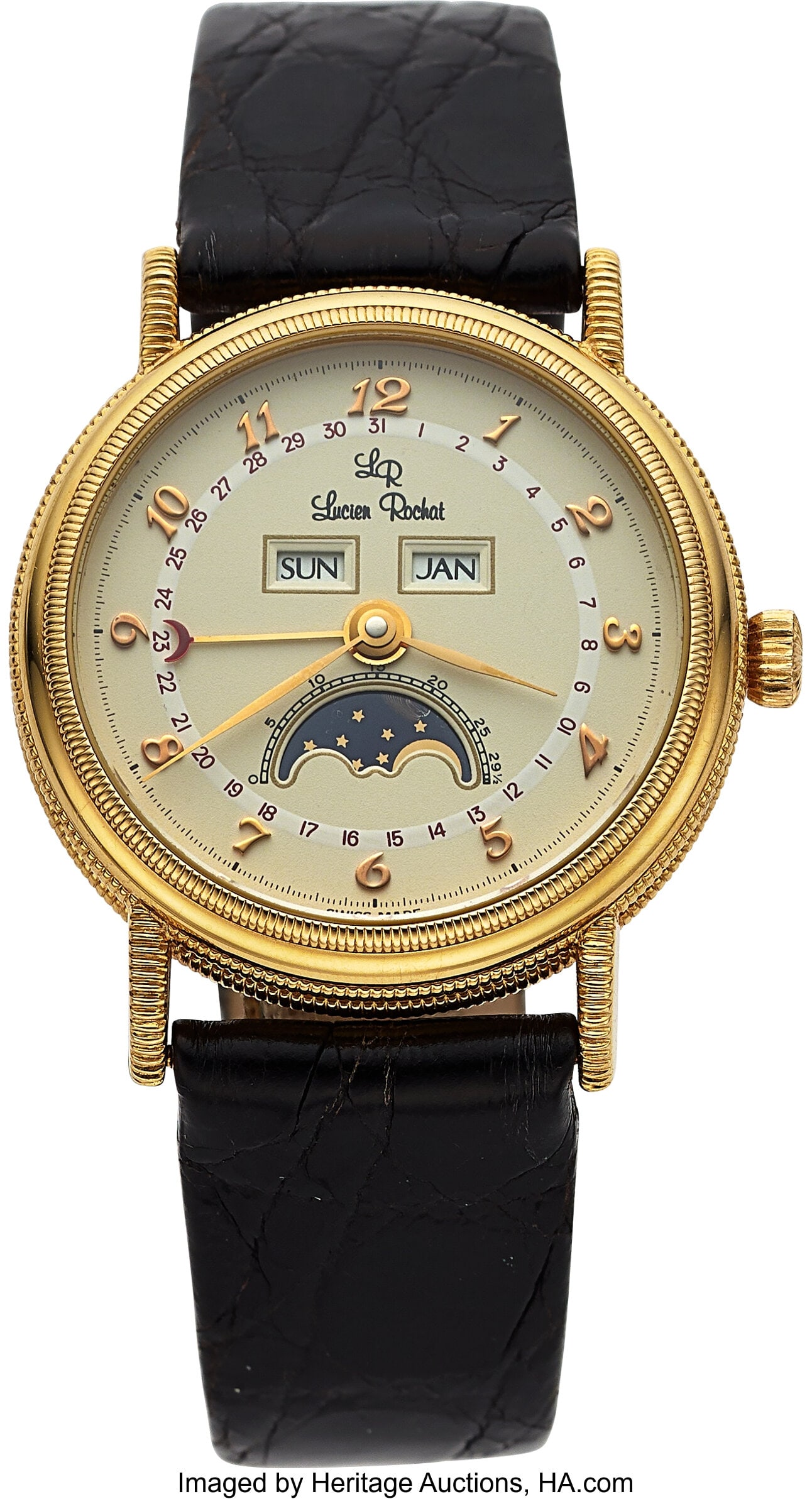 Lucien Rochat Triple Calendar 18k Yellow Gold Fu: Lucien Rochat Triple Calendar 18k Yellow Gold Full Set Case: 33 mm, 18k yellow gold, three body, snap-on case back, hobnail bezel and lugs Dial: white dial,