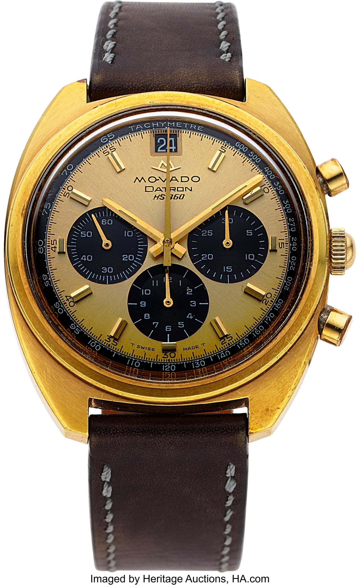 Movado Datron Gold Plated Chronograph, Ref. 434-: Movado Datron Gold Plated Chronograph, Ref. 434-615-502 Case: 38 mm, gold plated/steel, three body, screw-down case bac, No. 705 Dial: champ