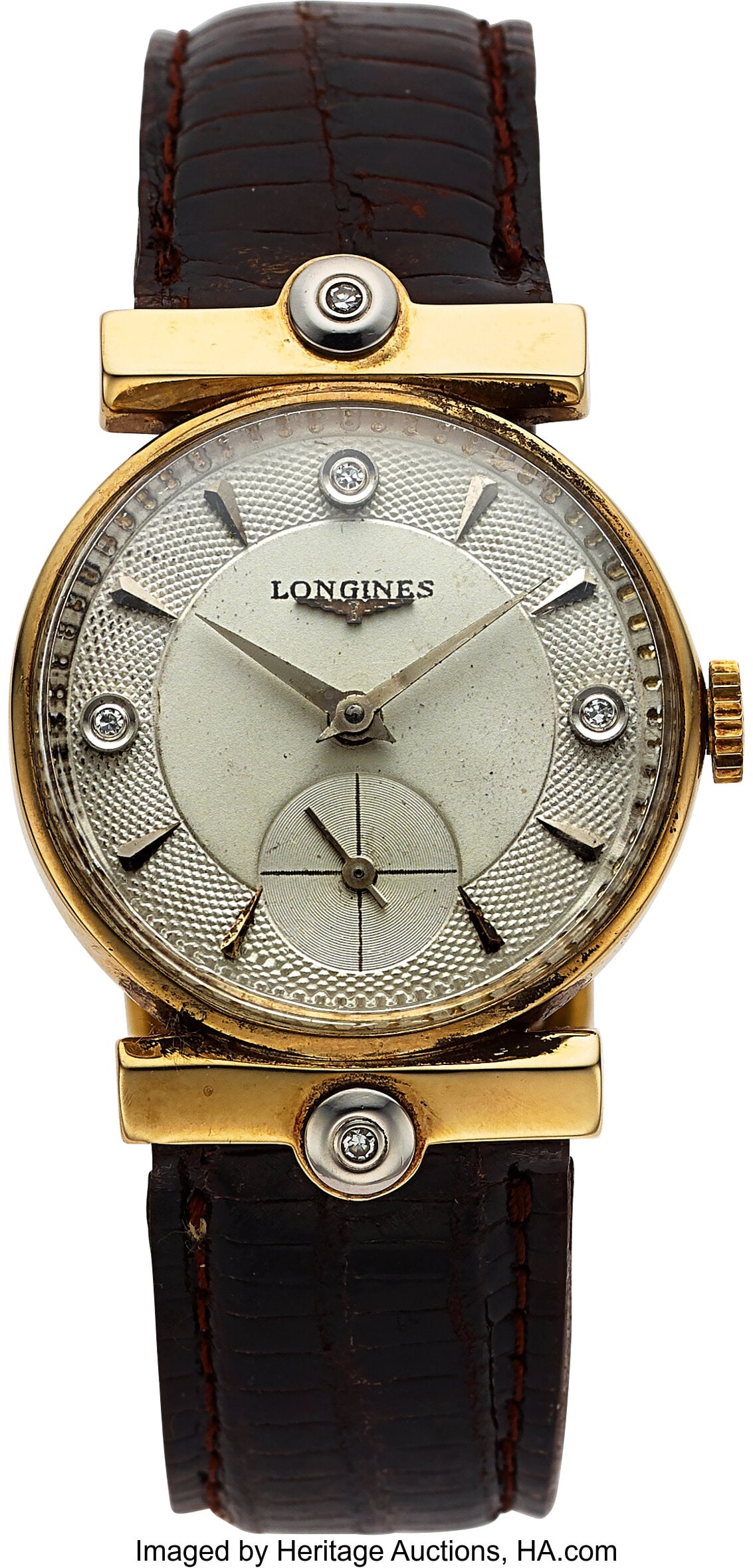Longines 14k Yellow Gold Dress Wristwatch Case: Longines 14k Yellow Gold Dress Wristwatch Case: 29 mm, 14k yellow gold, three body, snap-on case back, diamonds set lugs Dial: white dial, diamond set 3&comma