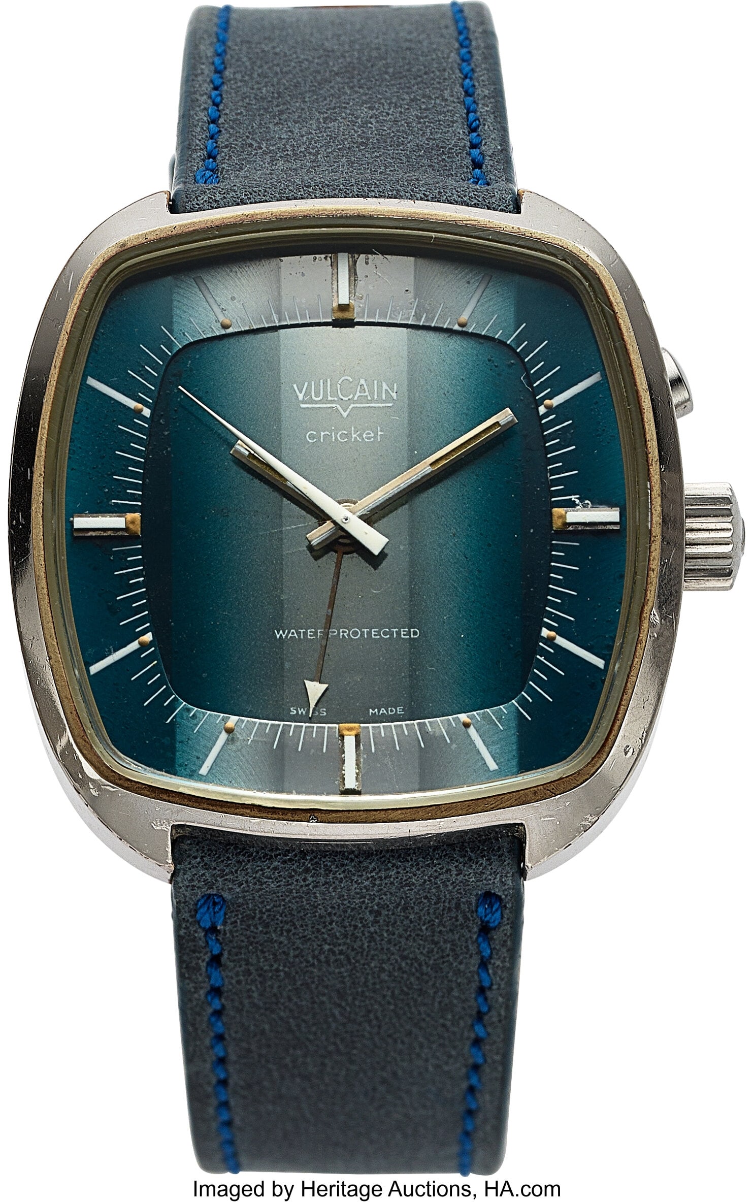 Vulcain Vintage Cricket Teal Dial, Ref. 6001 Ca: Vulcain Vintage Cricket Teal Dial, Ref. 6001 Case: 36 mm, stainless steel, three body, screw-down case back Dial: multitone blue, white line hour and m