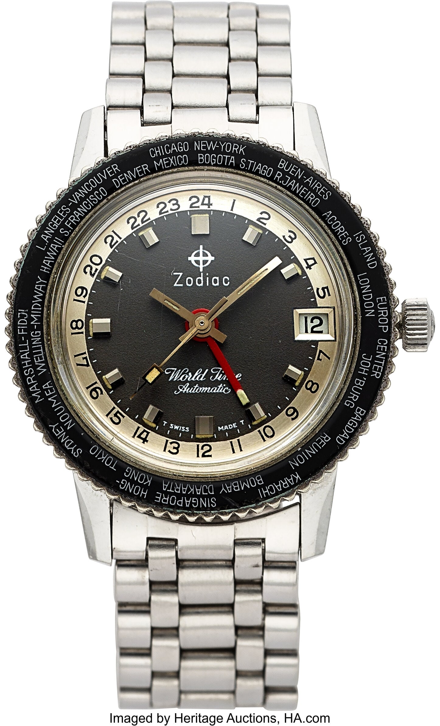Zodiac World Time Automatic Vintage Wrist Watch,: Zodiac World Time Automatic Vintage Wrist Watch, Ref. 752-984 Case: 36 mm, stainless steel, three body, snap-on case back, bi-directional rotating GMT bezel