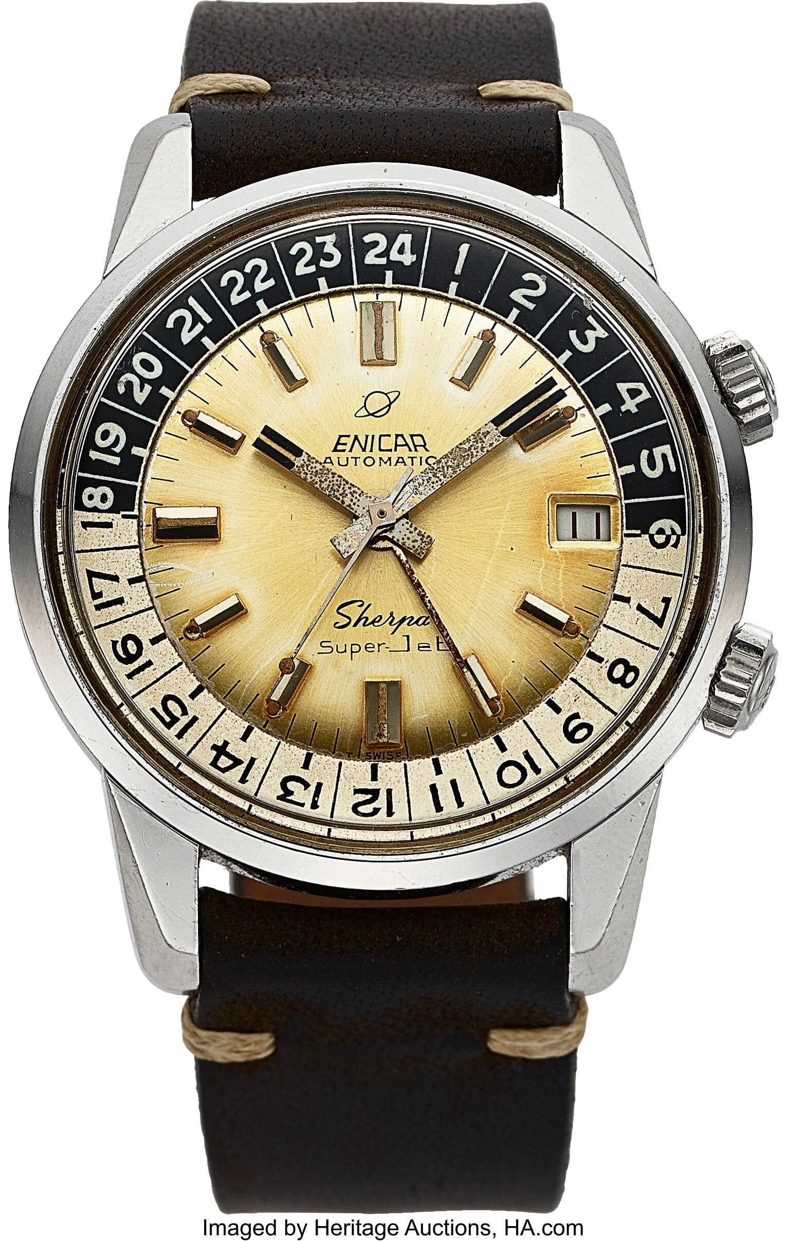 Enicar Sherpa Super Jet GMT, Ref. 2342 Case: 40: Enicar Sherpa Super Jet GMT, Ref. 2342 Case: 40 mm, stainless steel, three body, screw-down case back, top crown for 24 hour rotation, 146/003 Dial