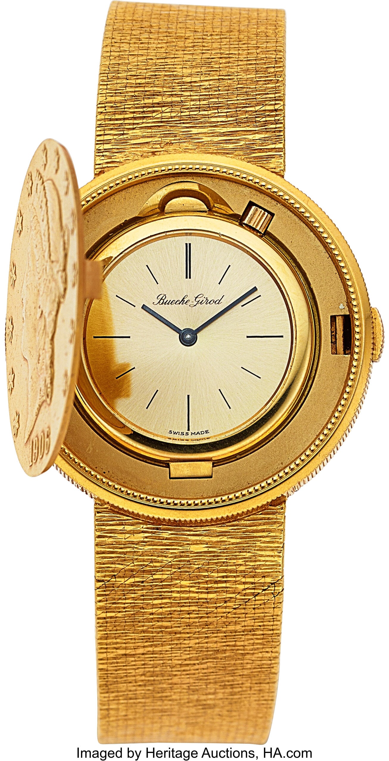 Bueche Girod Twenty Dollar 1906 Gold Coin Watch,: Bueche Girod Twenty Dollar 1906 Gold Coin Watch, Ref. 96023 Case: 34 mm, 18k yellow gold, 1906 twenty dollar Liberty Coin, inner 18k gold case hinged and recessed