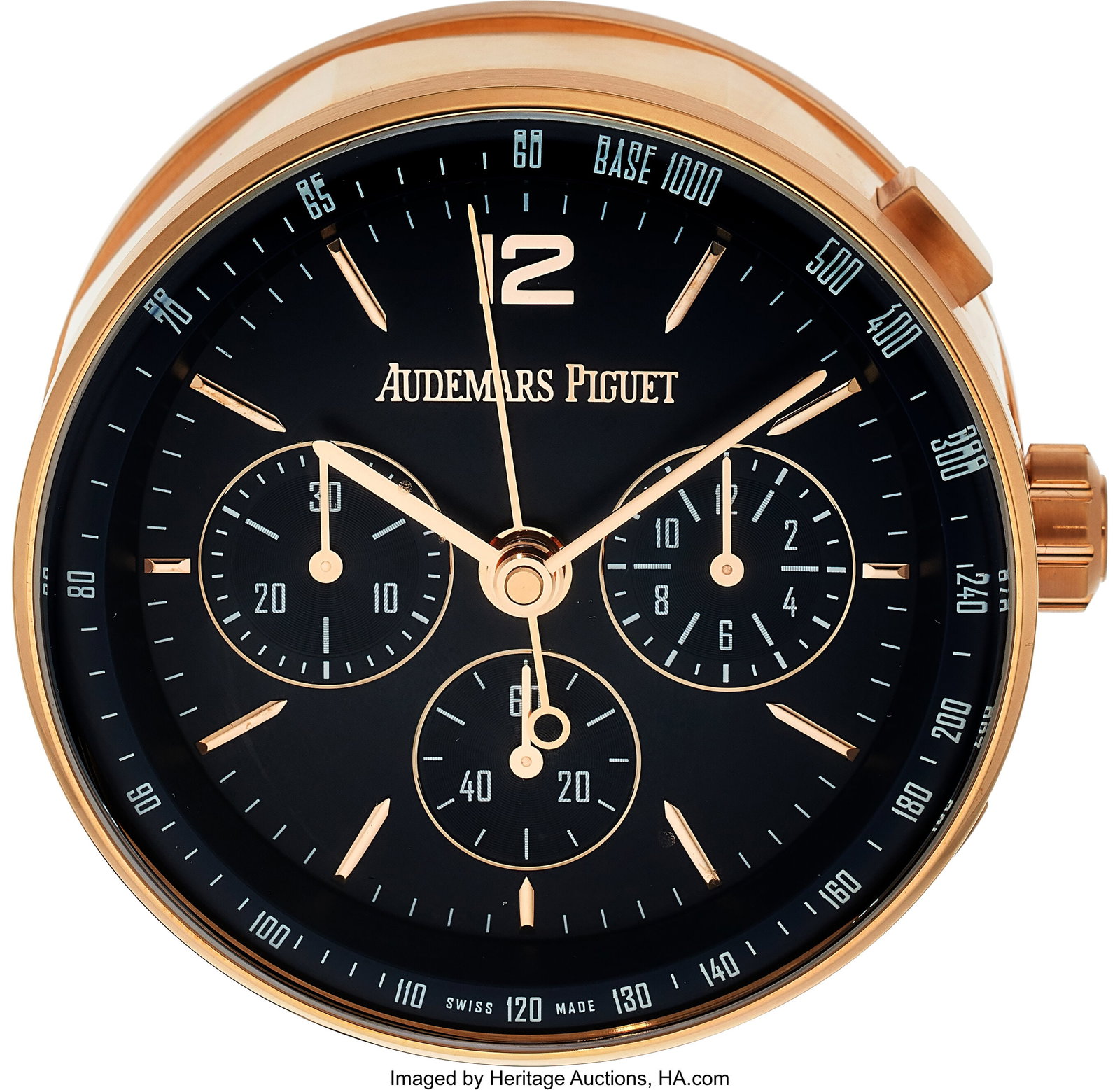 Audemars Piguet Code 11.59 Rose Gold Blue Dial T: Audemars Piguet Code 11.59 Rose Gold Blue Dial Table Clock Case: 65mm x 65mm, steel and brass, 1407 Dial: dark navy with gold sticks with subdials , gold baton han