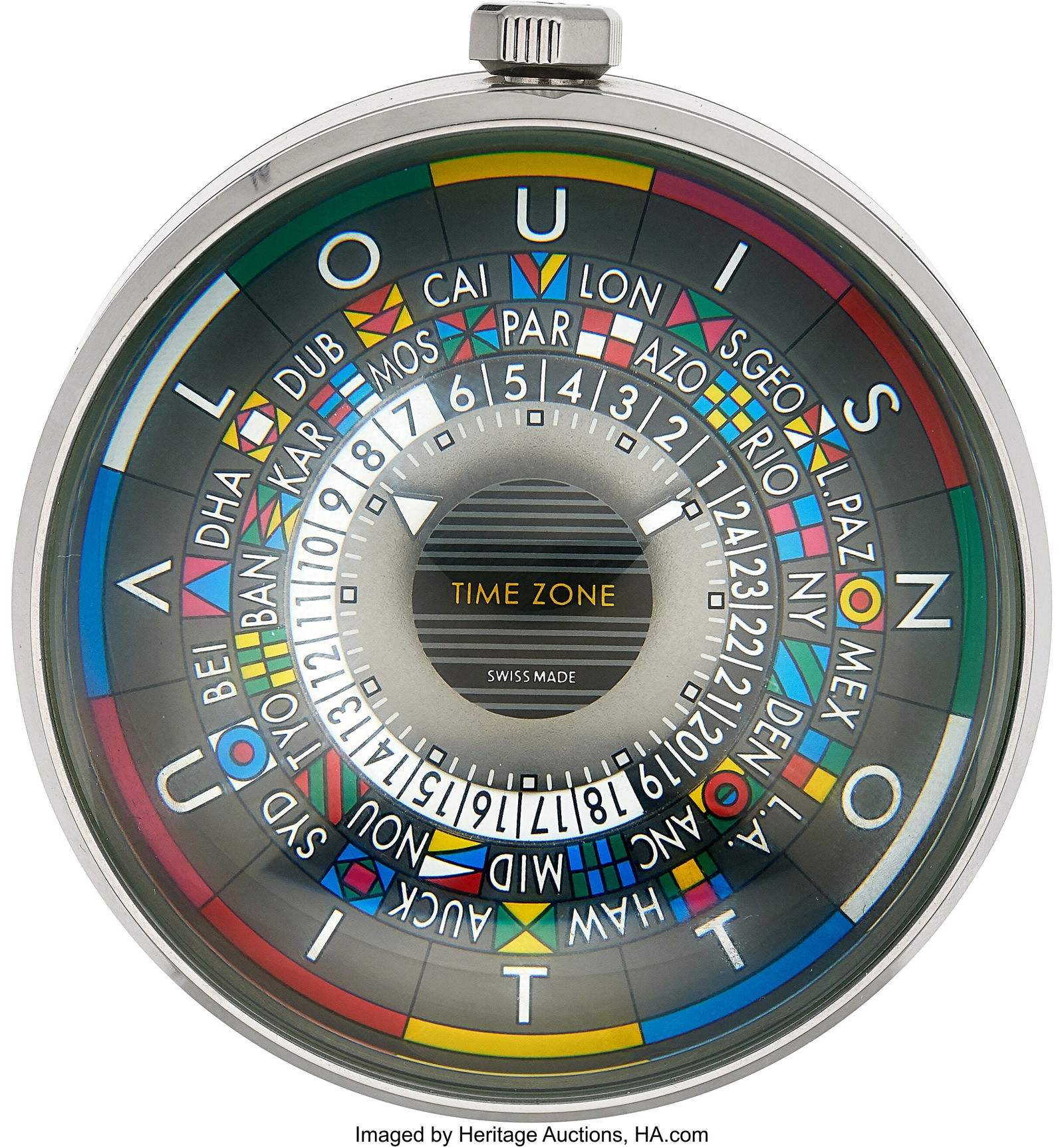 Louis Vuitton Escale Time Zone Desk Clock "Full: Louis Vuitton Escale Time Zone Desk Clock "Full Set" Case: 65mm, steel and Rosewood, 1K7876 Dial: gray dial with GMT clock display, arrow hands Movement: quartz mov