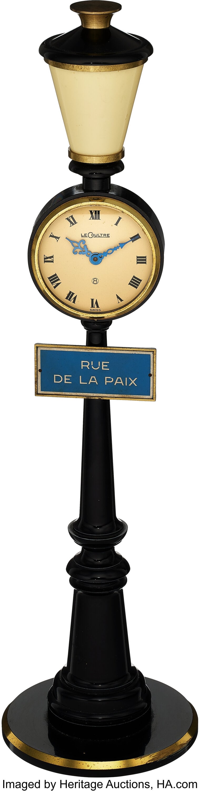 1960s Jaeger LeCoultre Rue De La Paix Table Desk: 1960s Jaeger LeCoultre Rue De La Paix Table Desk Lamp Clock 8-Day Clock Ref 397 Case: 49mm, brass, metal, plastic, 397 Dial: off-white dial with black Roman numeral