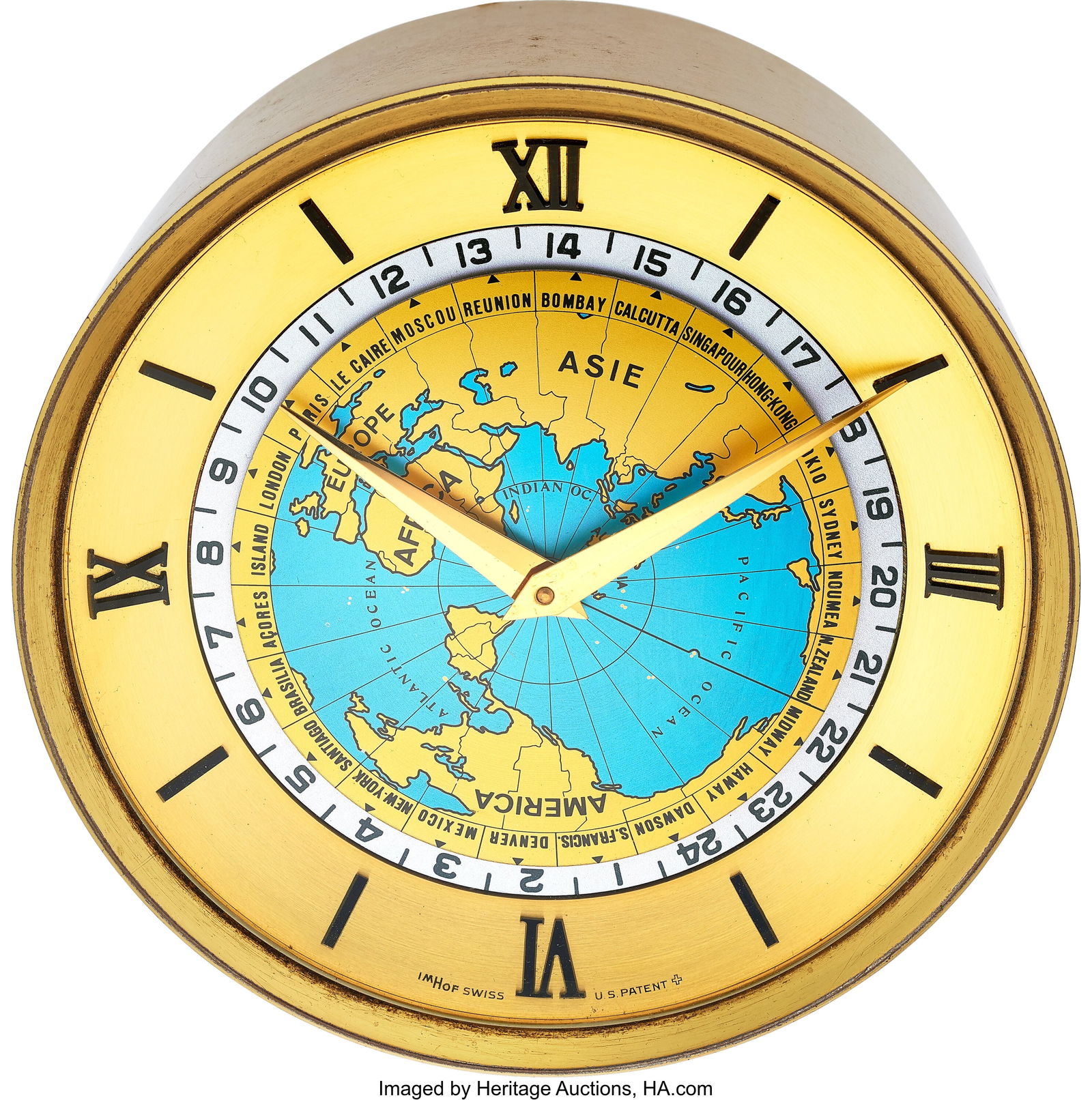 Imhof World Time Desk Clock Imhof, Swiss c.1955: Imhof World Time Desk Clock Imhof, Swiss c.1955 Case: 11cm, brushed and polished gilt brass,1335205 Dial: inner rotating gilt and blue world planisphere divided