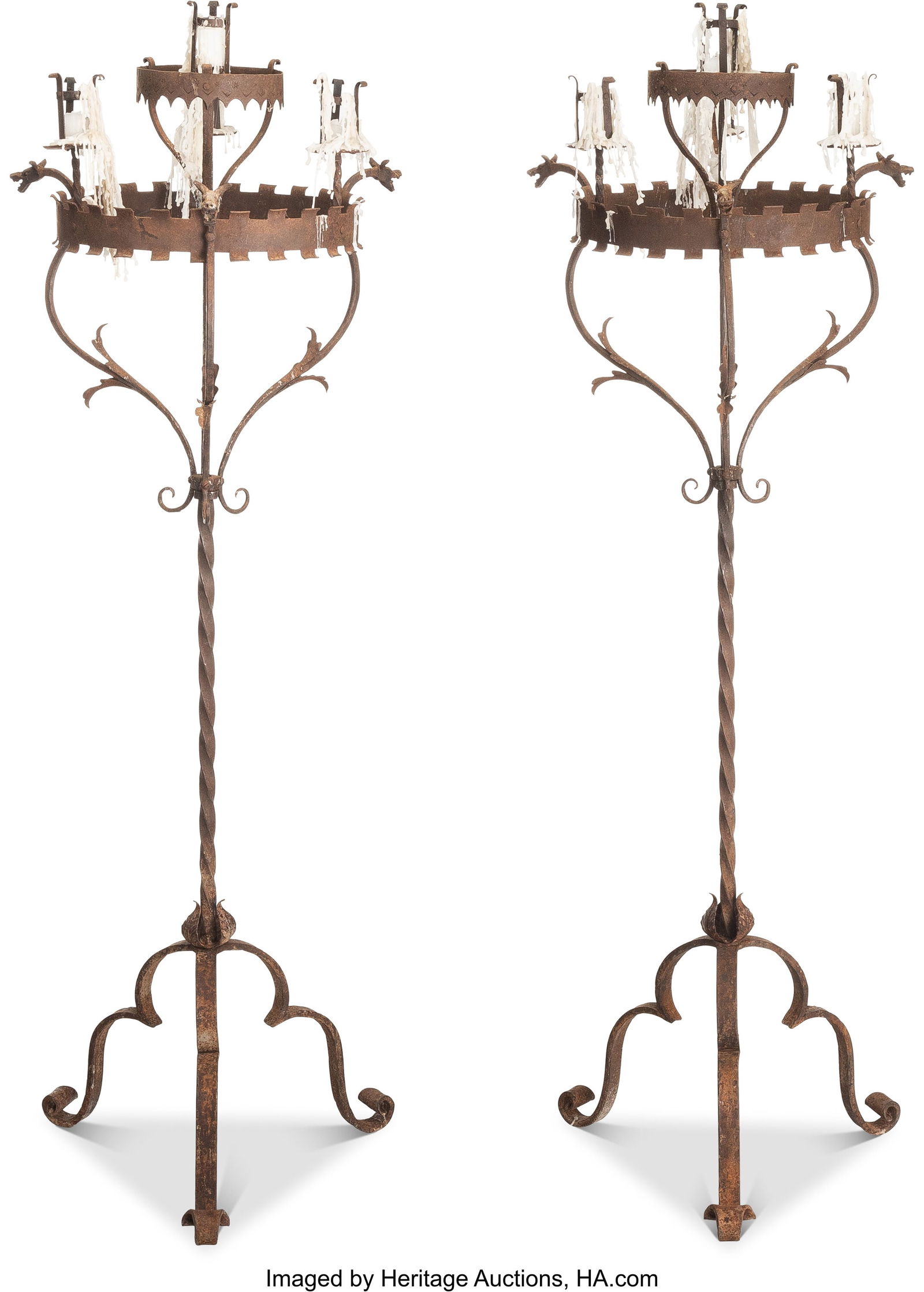 A Pair of Italian Renaissance-Style Iron and Tol: A Pair of Italian Renaissance-Style Iron and Tole Torchères, 19th century 65 x 22 x 22 inches (165.1 x 55.9 x 55.9 cm) (each) PROVENANCE: Co