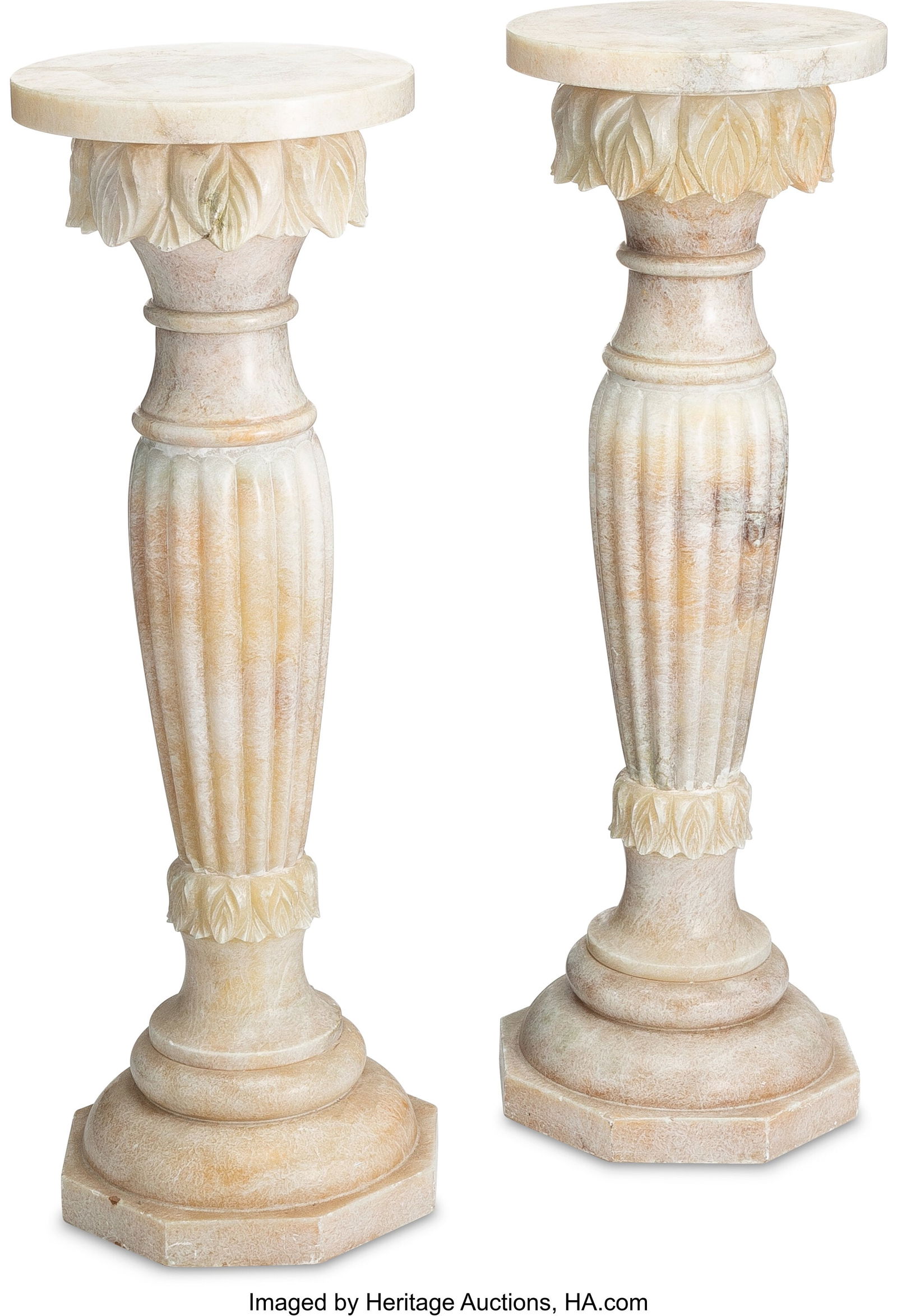 A Pair of Carved Marble Pedestals, early 20th ce: A Pair of Carved Marble Pedestals, early 20th century 35-3/4 x 11-7/8 x 11-7/8 inches (90.8 x 30.2 x 30.2 cm) (each) PROVENANCE: Skinne