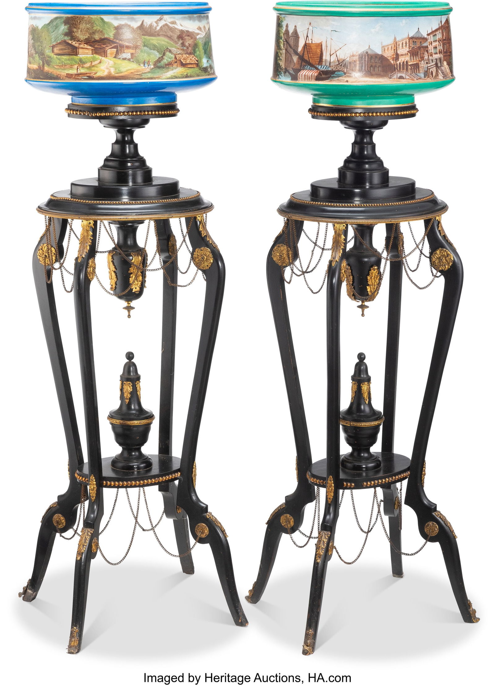 A Near Pair of Grand Tour-Style Painted Porcelai: A Near Pair of Grand Tour-Style Painted Porcelain Planters on Stands, early 20th century 46-1/2 x 16 x 12 inches (118.1 x 40.6 x 30.5 cm) (each) Prop