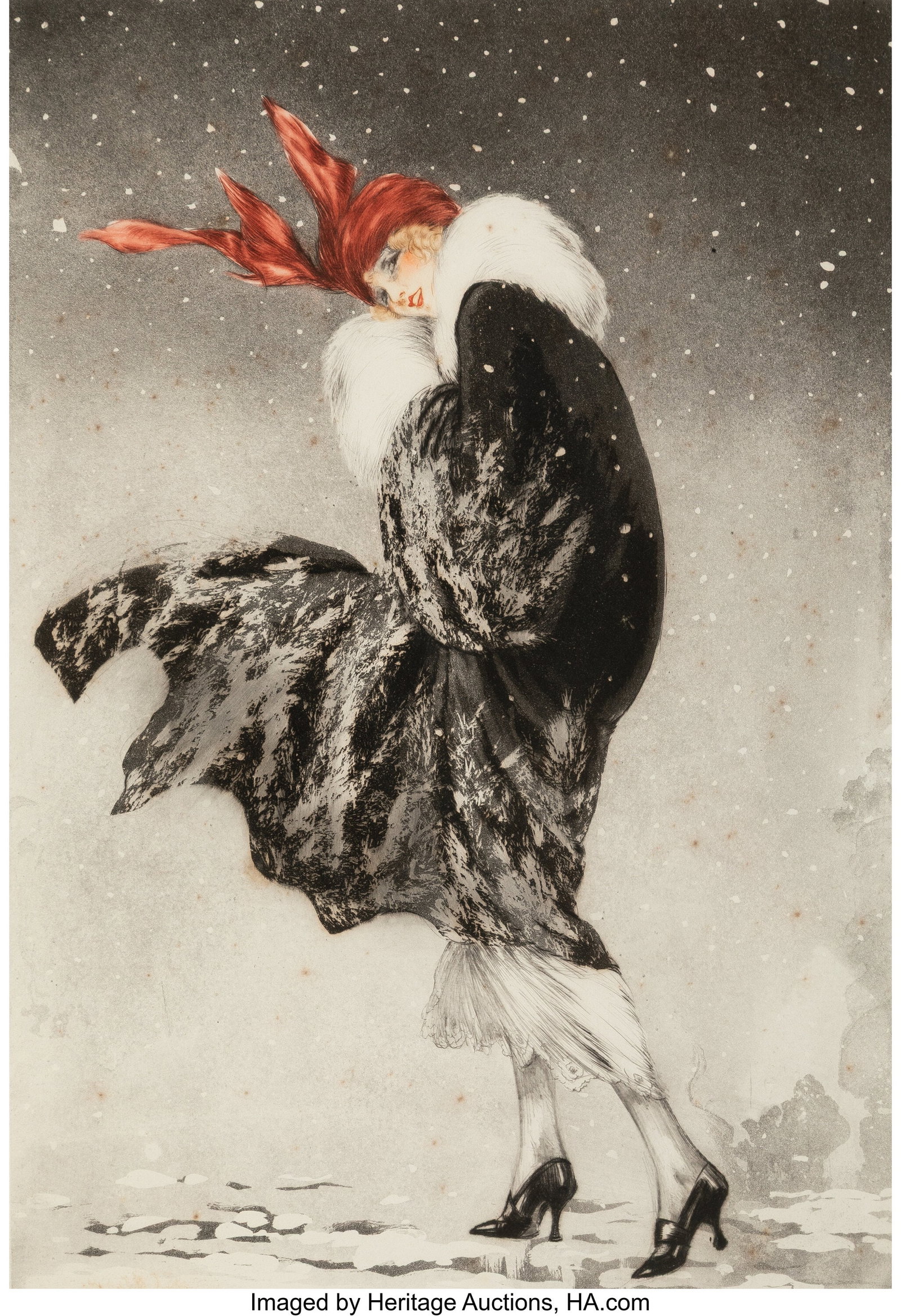 Louis Icart (French, 1888-1950) First Snow, 1923: Louis Icart (French, 1888-1950) First Snow, 1923 Etching and aquatint with hand-coloring on B.F.K. Rives paper 19-1/4 x 14 inches (48.9 x 35&