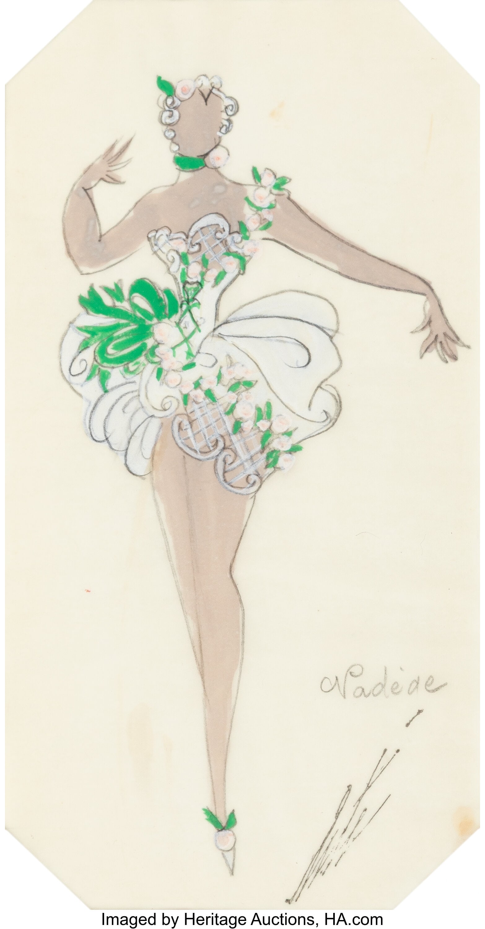 Erté (Romain de Tirtoff) (Russian/French, 1892-: Erté (Romain de Tirtoff) (Russian/French, 1892-1990) Nadede Gouache and pencil on vellum 10-1/2 x 5-1/2 inches (26.7 x 14.0 cm) &lp