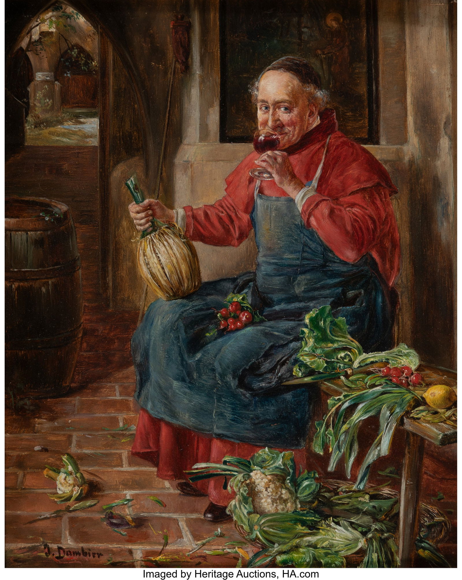 Continental School (20th Century) Tasting the vi: Continental School (20th Century) Tasting the vintage Oil on panel 10-1/2 x 8-1/2 inches (26.7 x 21.6 cm) Stamped in black lower left over indistinct red init