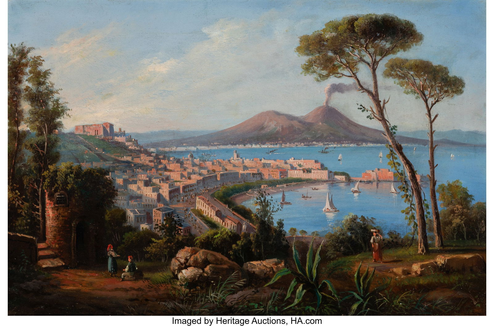 Consalvo Carelli (Italian, 1818-1910) View of Na: Consalvo Carelli (Italian, 1818-1910) View of Naples, Mount Vesuvius beyond; Piscatori off the coast (a pair), 1880 Oil on canvas 20 x 30-1/2 inches &lpa