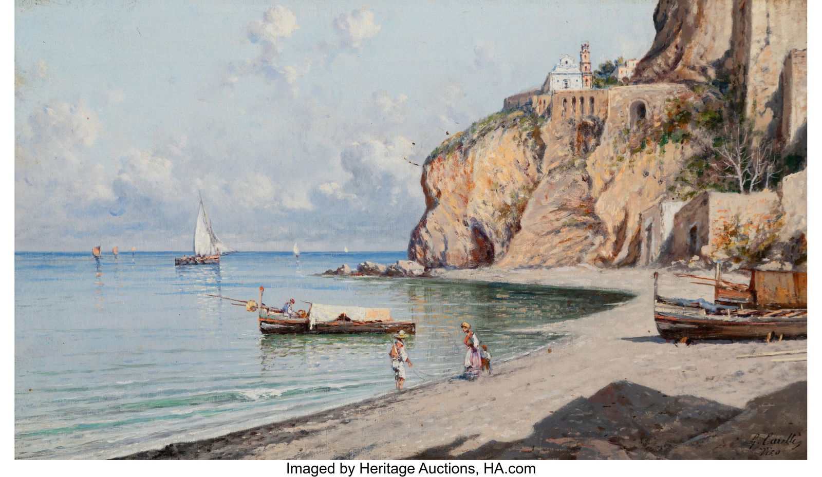 Giuseppe Carelli (Italian, 1858-1921) Figures on: Giuseppe Carelli (Italian, 1858-1921) Figures on the beach, Naples Oil on canvas 11 x 19 inches (27.9 x 48.3 cm) Signed lower right: G. Carel