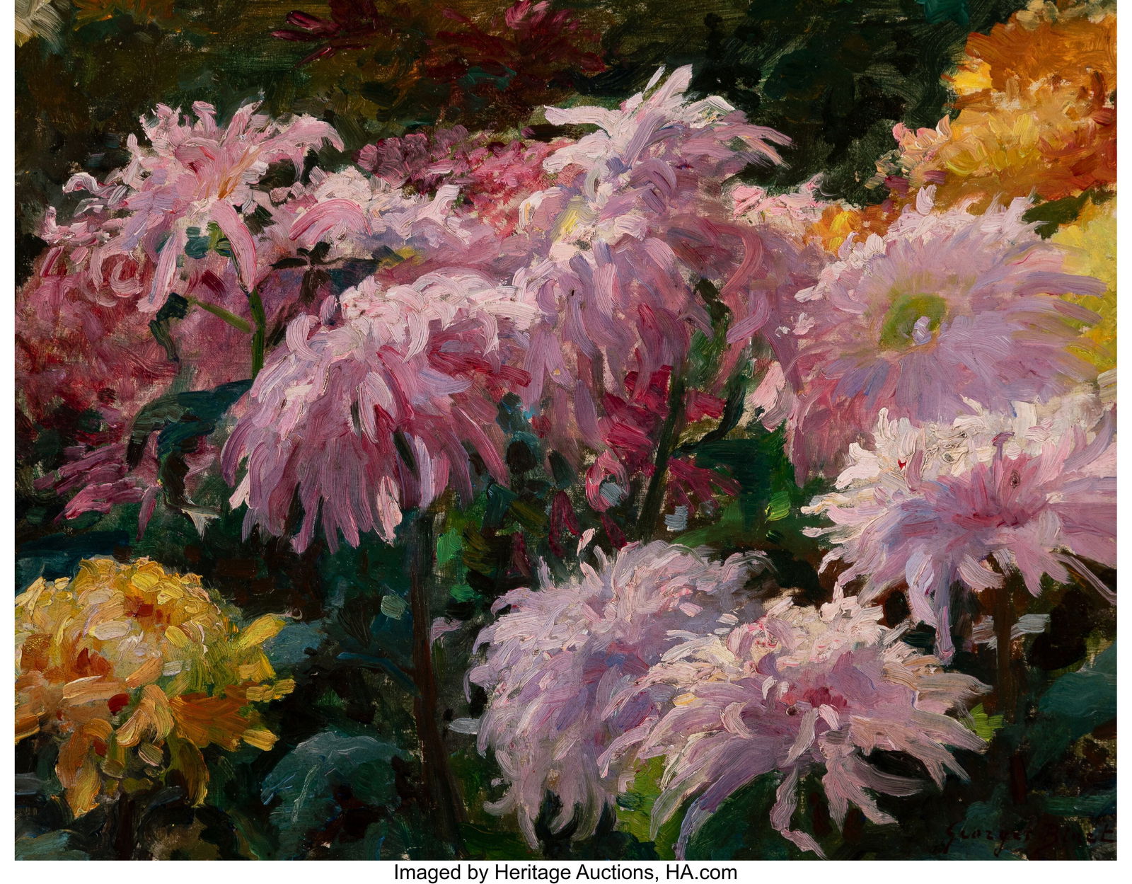 Georges Jules Ernest Binet (French, 1865-1949) L: Georges Jules Ernest Binet (French, 1865-1949) Leo Chrysanthemums Oil on board 13 x 16 inches (33.0 x 40.6 cm) Signed lower right: Georges Binet ROVENANCE