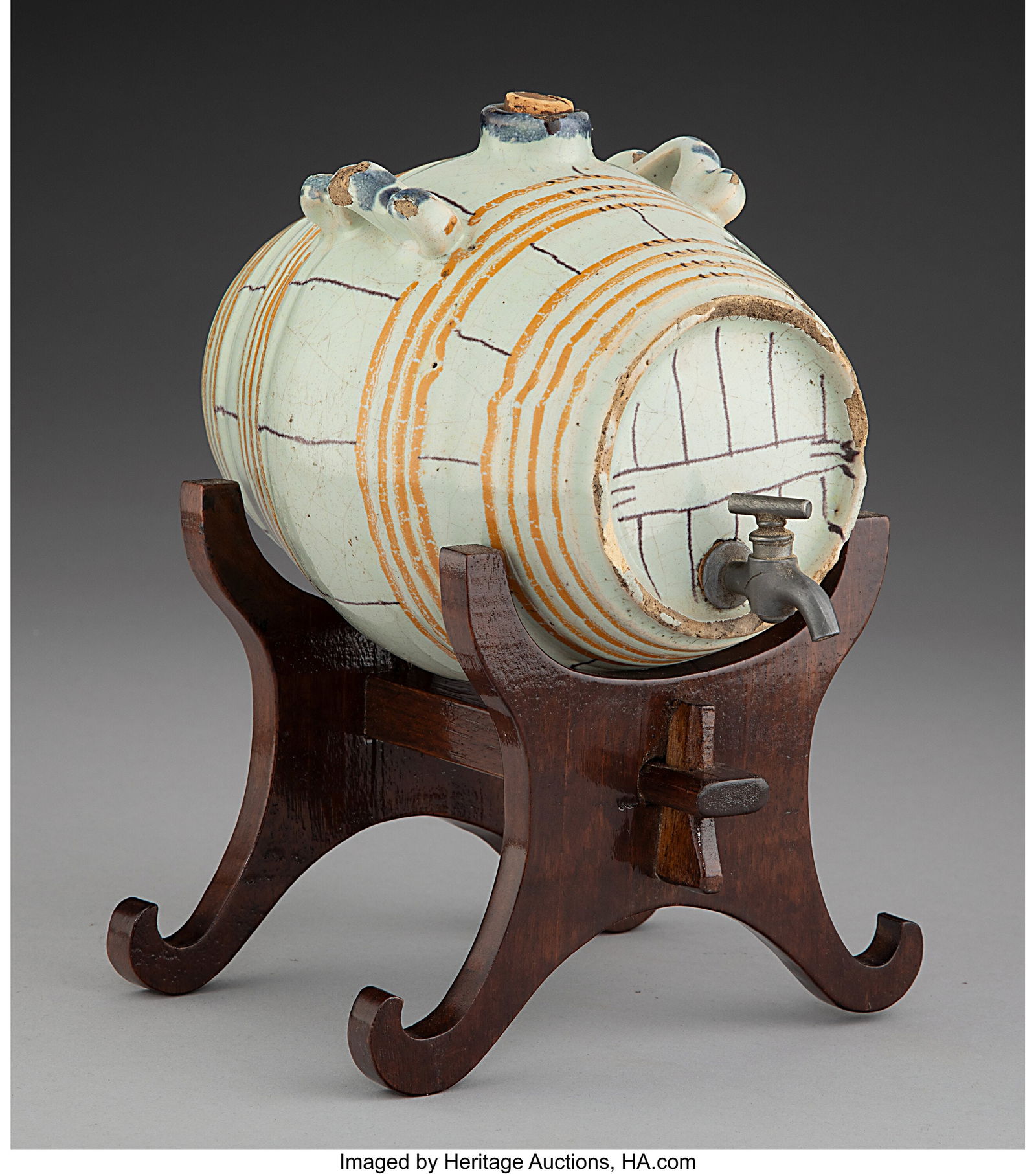 A French Majolica Wine Barrel, 19th century 5 x: A French Majolica Wine Barrel, 19th century 5 x 4-3/4 x 7-1/4 inches (12.7 x 12.1 x 18.4 cm) (barrel) PROVENANCE: Laurent Oïffer-Bomse