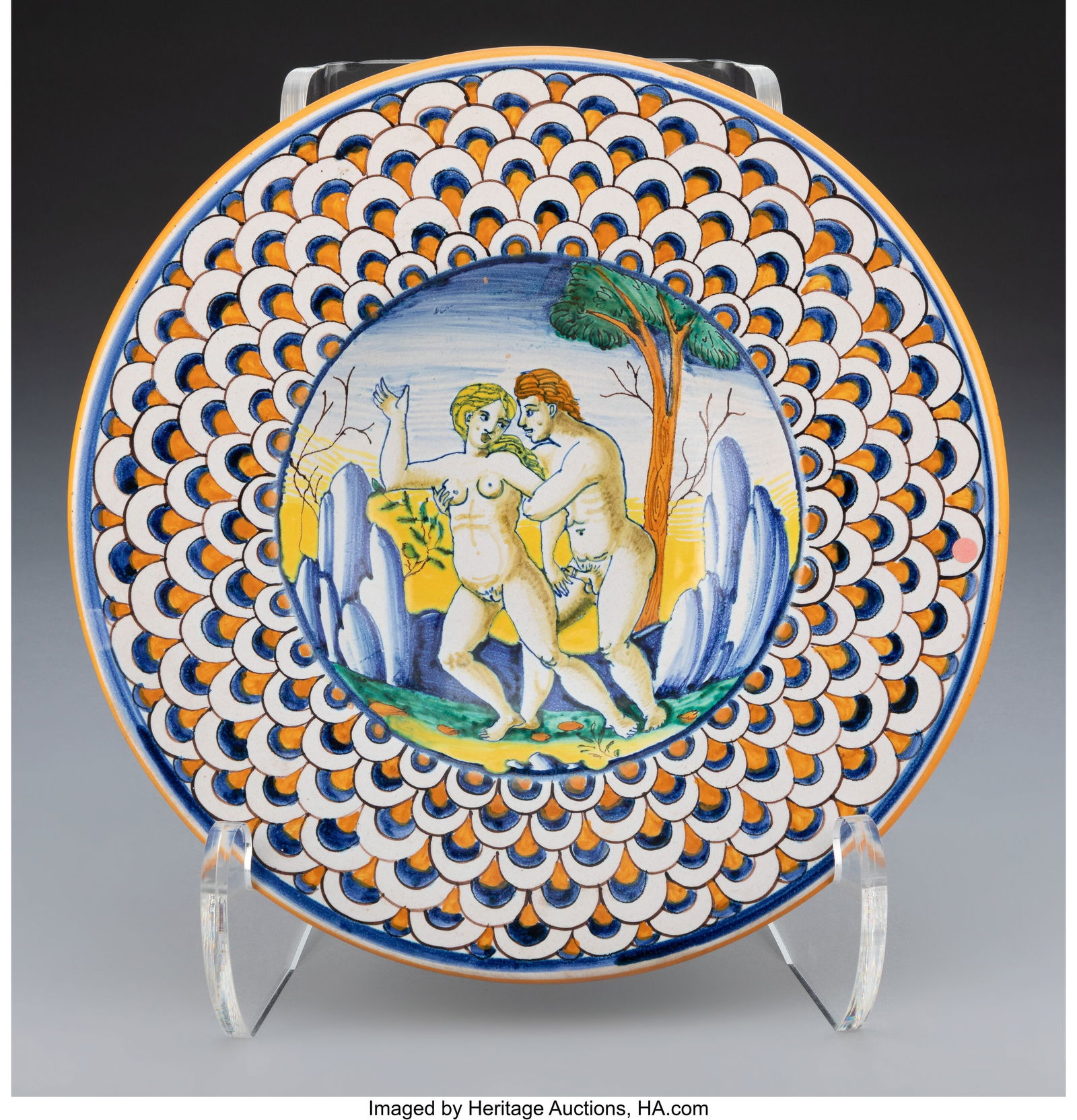 An Italian Erotic Majolica Plate: Adam and Eve, (1 of 4)