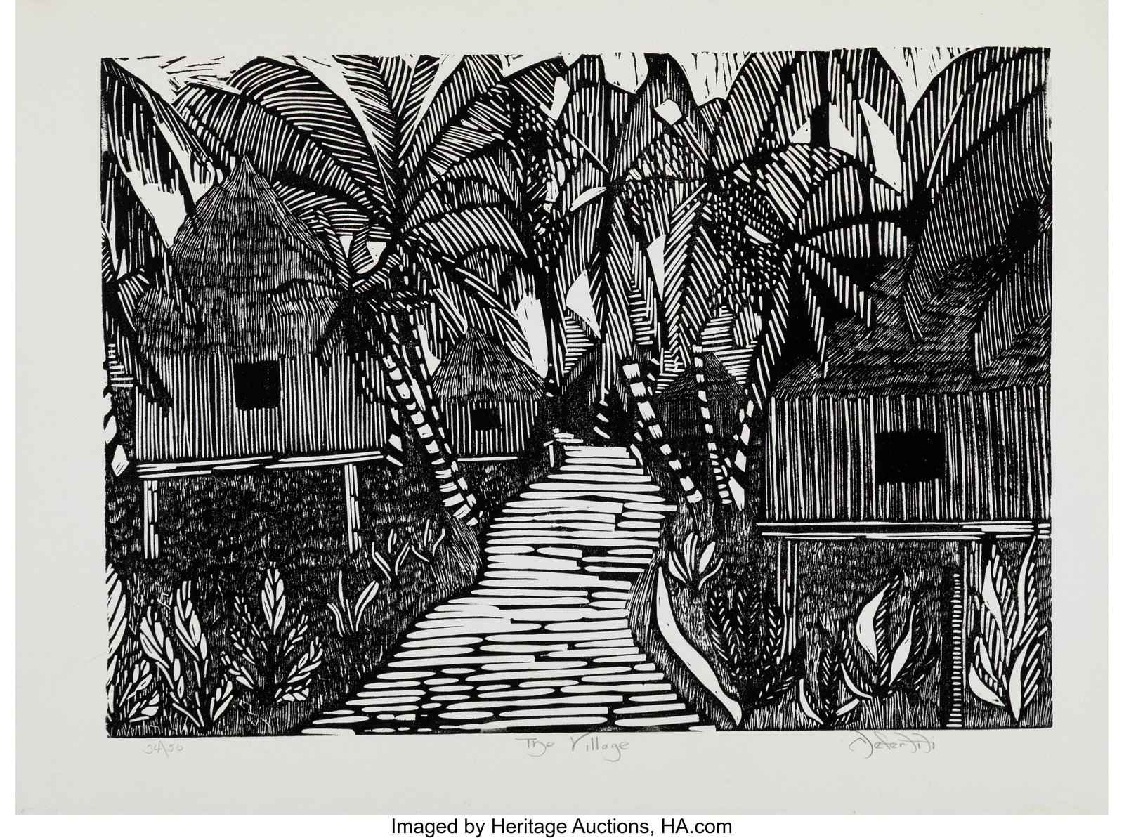 Nefertiti Goodman (American, b. 1950) The Villag: Nefertiti Goodman (American, b. 1950) The Village Linocut on wove paper 15 x 20 inches (38.1 x 50.8 cm) (sheet) Ed. 34/50 Signed&com