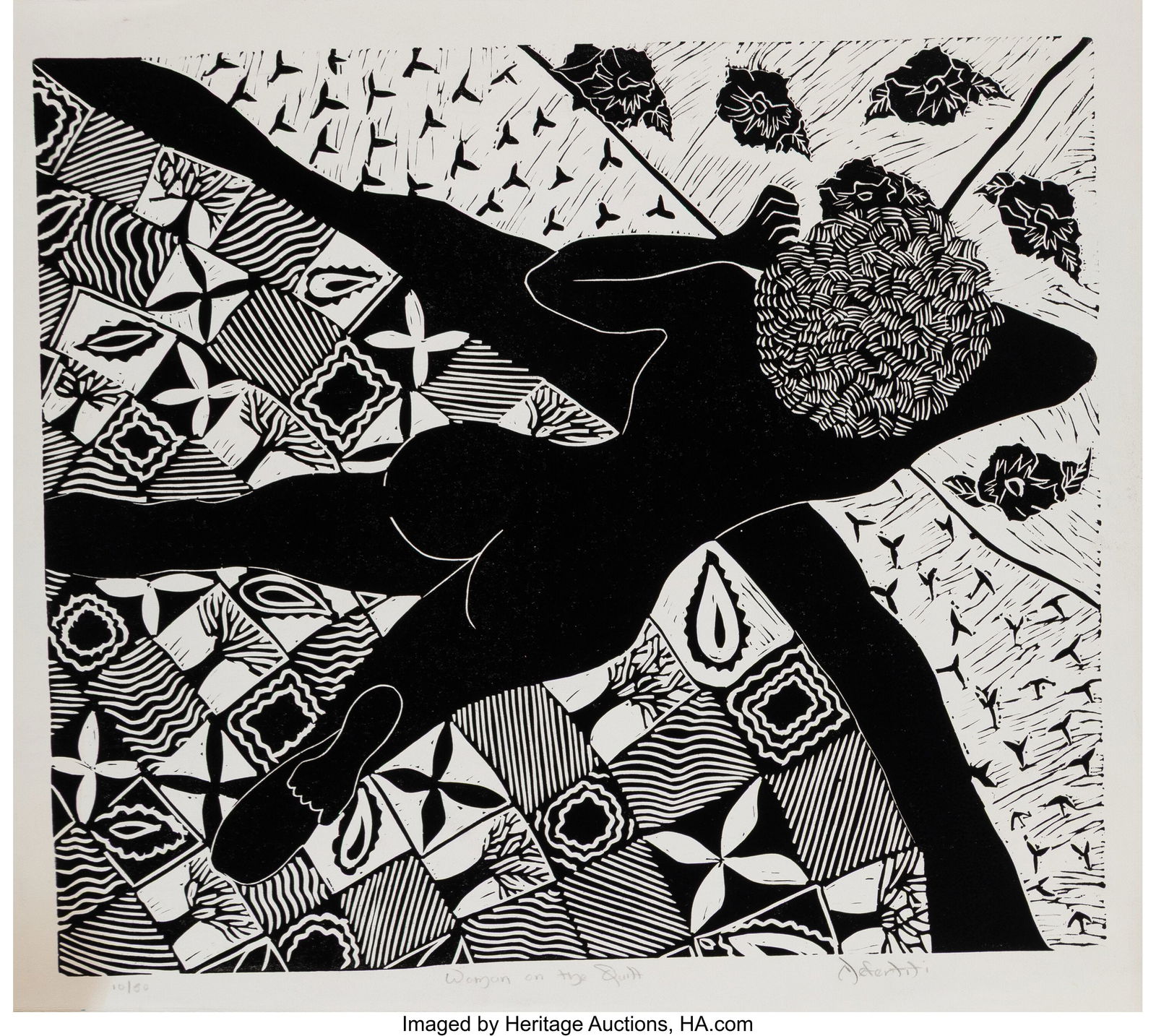 Nefertiti Goodman (American, b. 1950) Woman on t: Nefertiti Goodman (American, b. 1950) Woman on the Quilt Linocut on wove paper 18 x 20-1/4 inches (45.7 x 51.4 cm) Ed. 10/50 Signed,