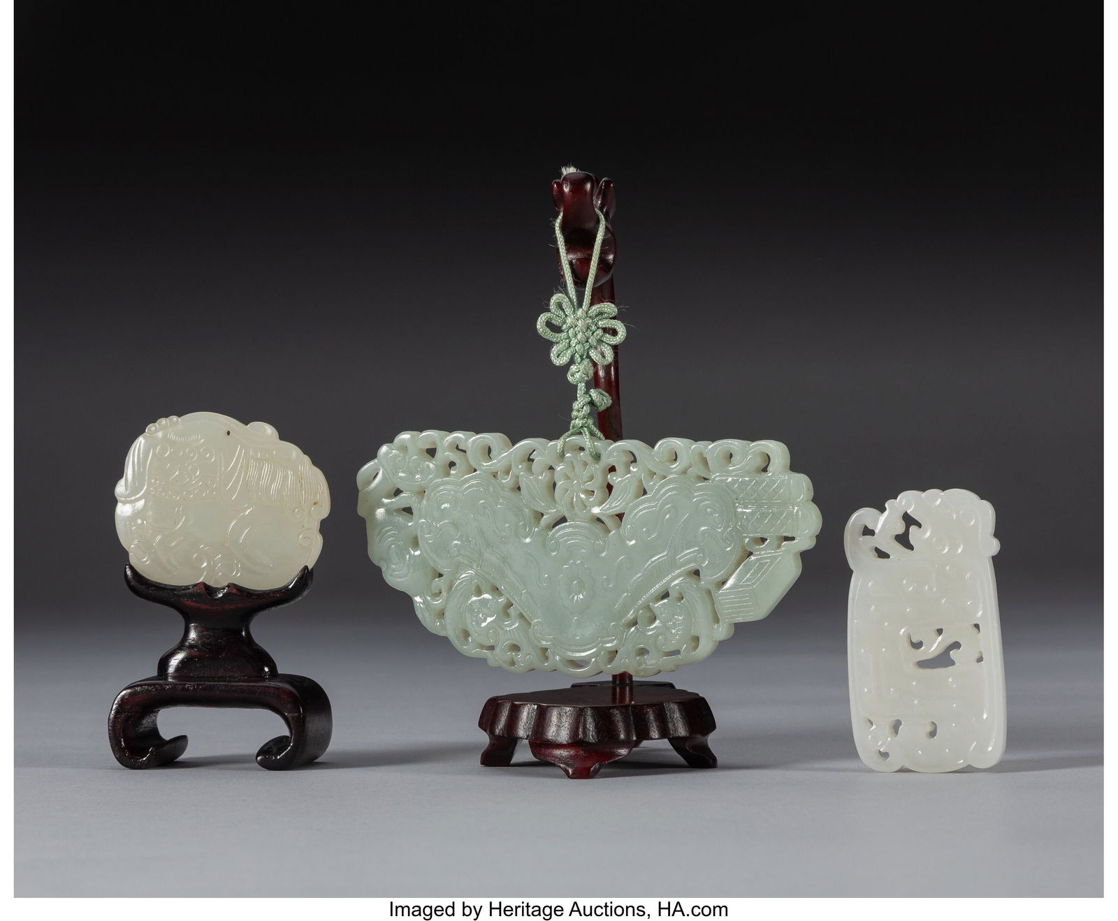 A Group of Three Celadon Jade Plaques 2-1/8 x 4-: A Group of Three Celadon Jade Plaques 2-1/8 x 4-1/4 x 0-1/4 inches (5.4 x 10.8 x 0.6 cm) (largest) HID03101062020 © 2026 Heritage Auctions &ve