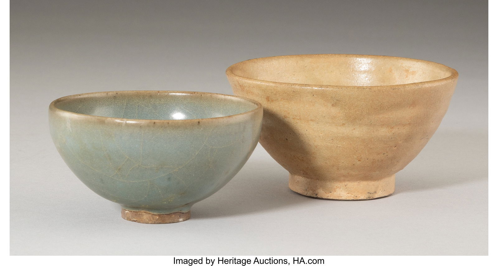 Two Chinese Glazed Bowls 2-3/8 x 4-3/8 x 4-3/8 i: Two Chinese Glazed Bowls 2-3/8 x 4-3/8 x 4-3/8 inches (6.0 x 11.1 x 11.1 cm) (tallest) The lot comprising: 1 Yue Ware bowl; 1 Jun Ware b