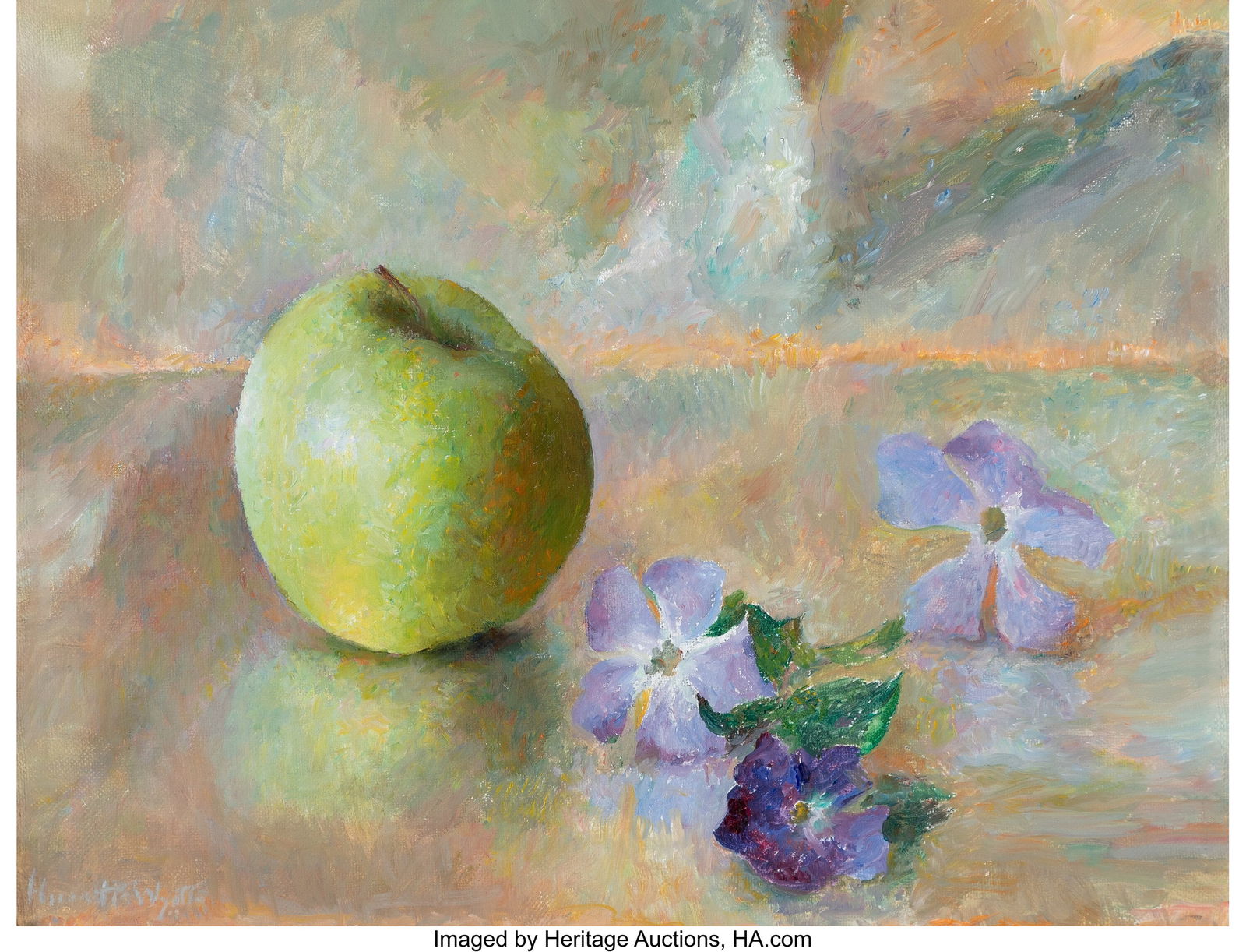 Henriette Wyeth (American, 1907-1997) Green Appl: Henriette Wyeth (American, 1907-1997) Green Apple and Vinca, 1988 Oil on canvas 11 x 14 inches (27.9 x 35.6 cm) Signed lower left: Henriette Wyeth P