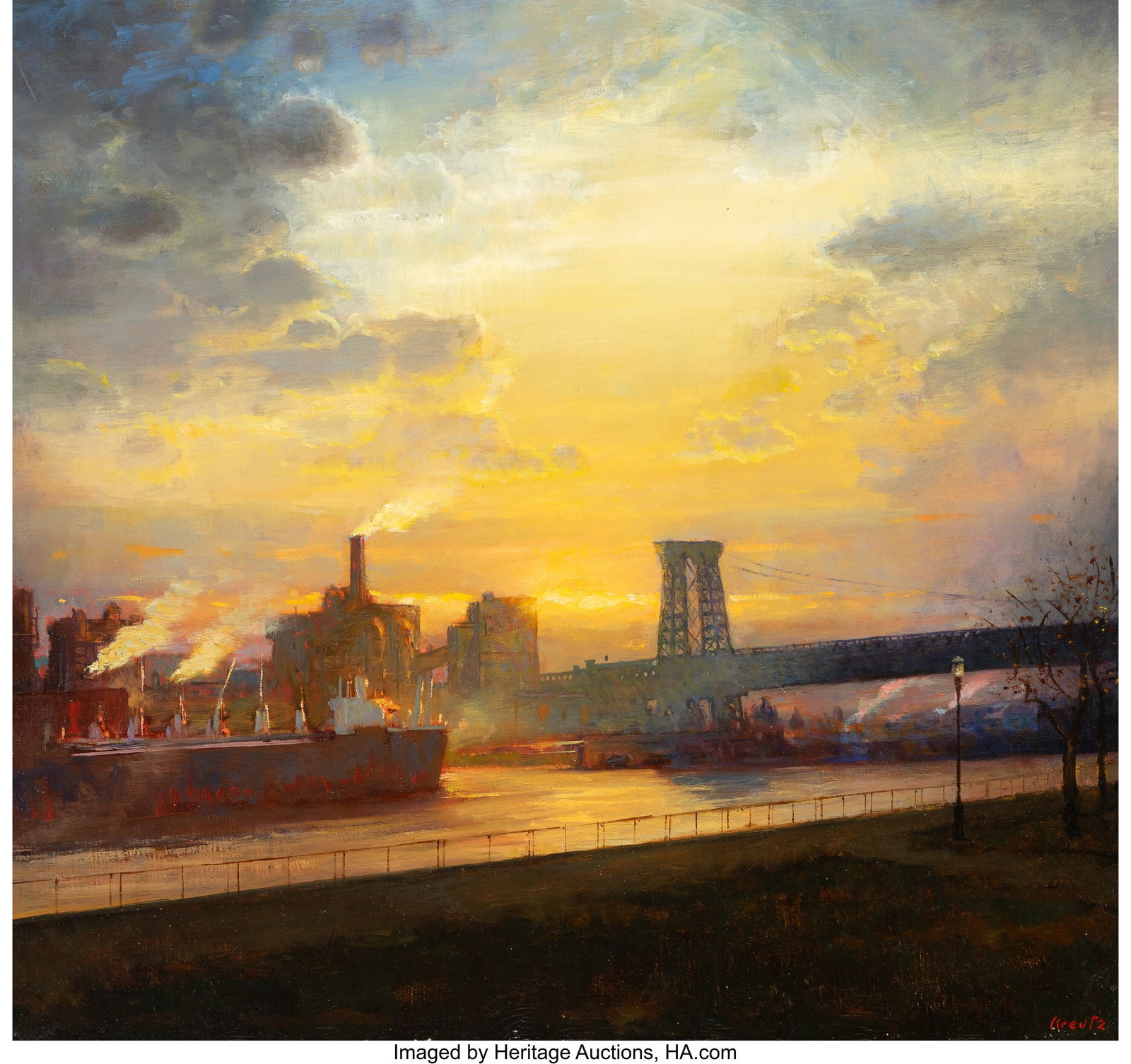 Gregg Kreutz (American, b. 1947) Sunrise Over th: Gregg Kreutz (American, b. 1947) Sunrise Over the Williamsburg Bridge Oil on canvas 26 x 28 inches (66.0 x 71.1 cm) Signed lower right: Kreutz PROV