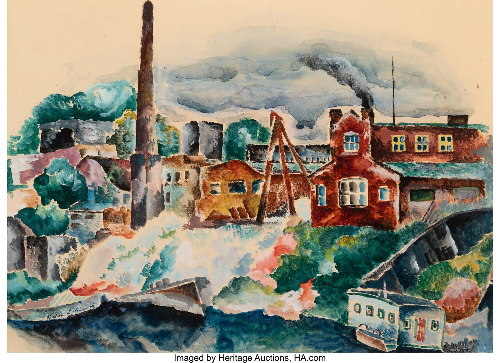 William S. Schwartz (American, 1896-1977) Seasid: William S. Schwartz (American, 1896-1977) Seaside town Watercolor on paper 15-1/4 x 21 inches (38.7 x 53.3 cm) (sight) Signed lower left&co