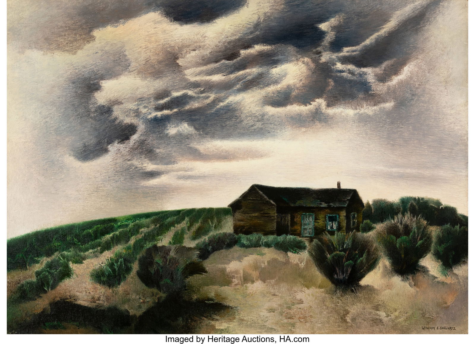 William S. Schwartz (American, 1896-1977) A Home: William S. Schwartz (American, 1896-1977) A Homestead in the West Oil on canvas 26 x 36 inches (66.0 x 91.4 cm) Signed lower right: William S&perio