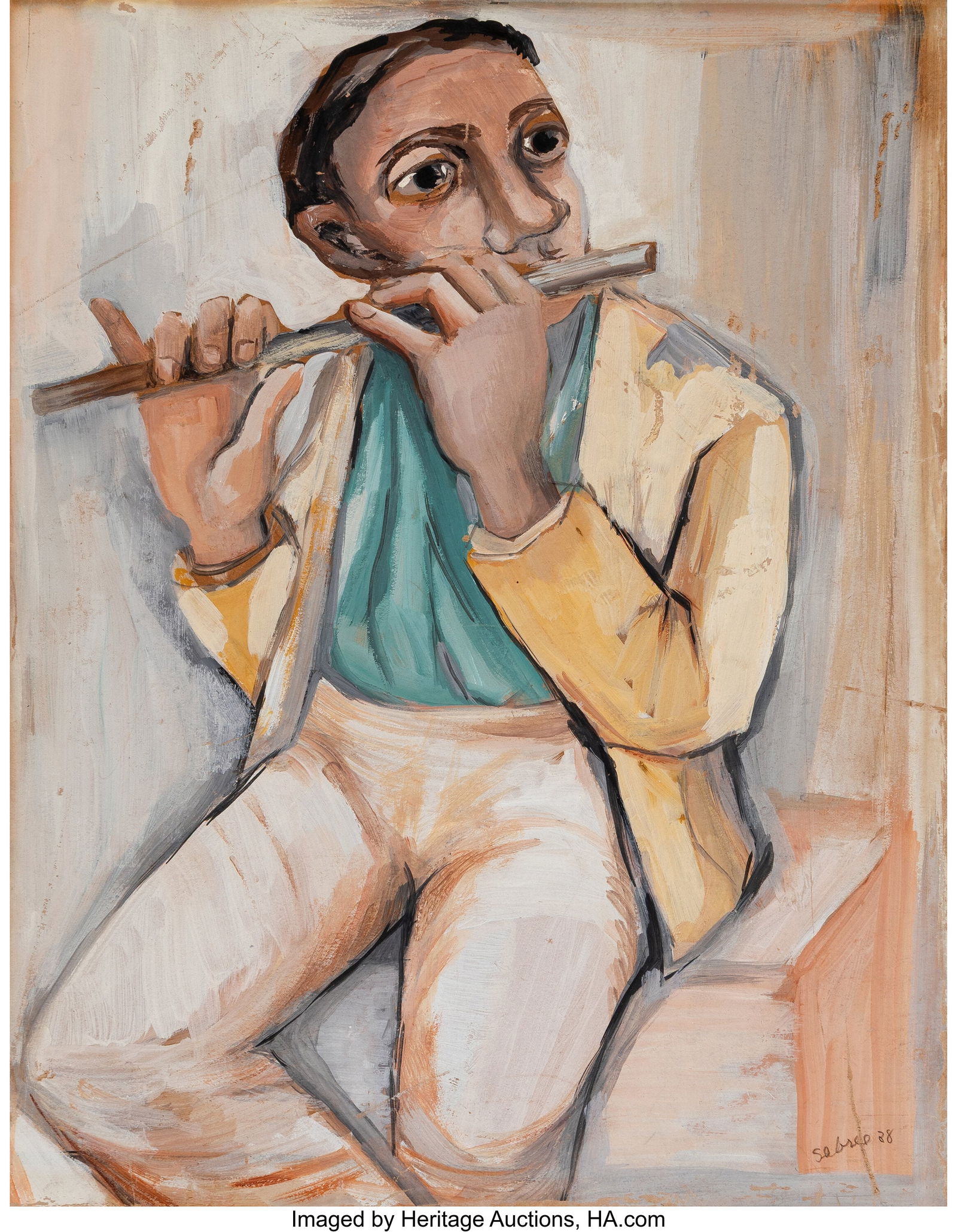 Charles Sebree (American, 1914-1985) Man with Fl: Charles Sebree (American, 1914-1985) Man with Flute, 1938 Gouache on paper laid on board 19 x 15 inches (48.3 x 38.1 cm) (sheet) Signed and date