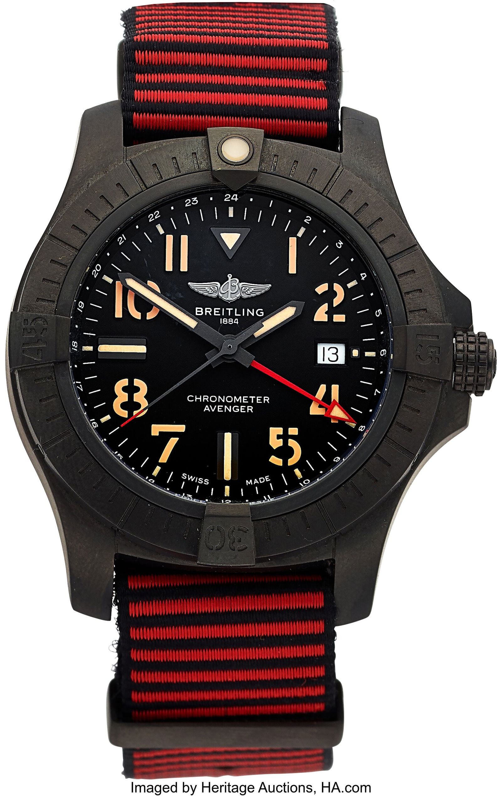 Breitling Avenger GMT 45 "Night Mission" Full Se: Breitling Avenger GMT 45 "Night Mission" Full Set, Ref. V32395 Case: 45 mm, DLC-coated titanium, three body, screw-down case back and crown, and