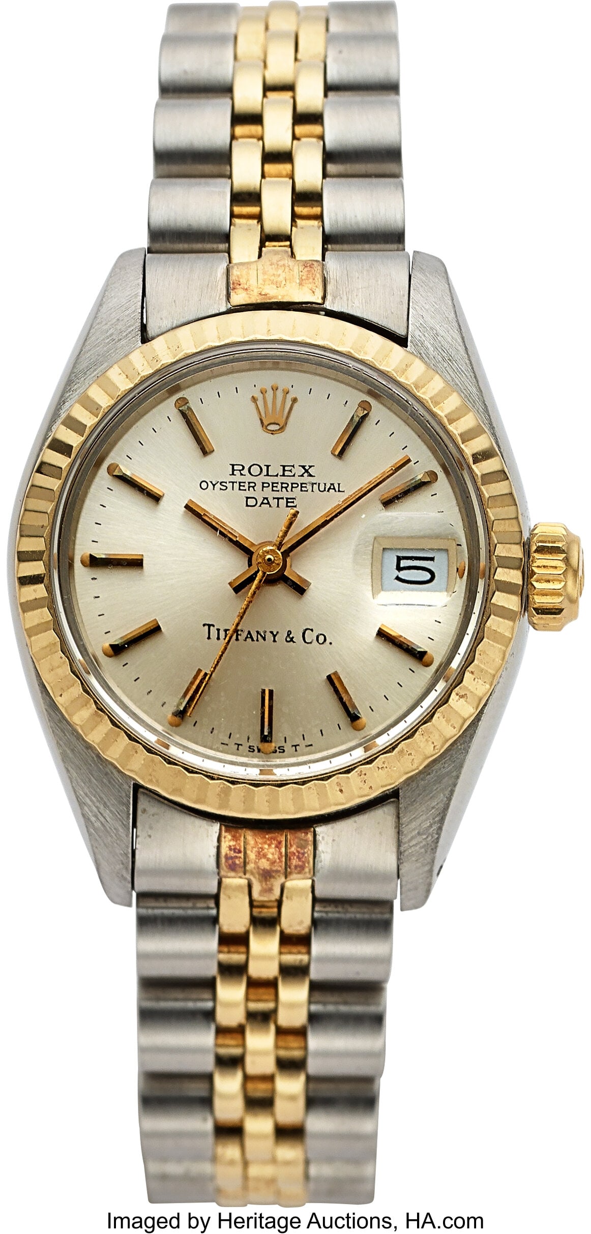Rolex Tiffany & Co. Oyster Perpetual Date, Ref.: Rolex Tiffany & Co. Oyster Perpetual Date, Ref. 6917 Case: 26 mm, stainless steel and 14k yellow gold, three body, screw-down case back and