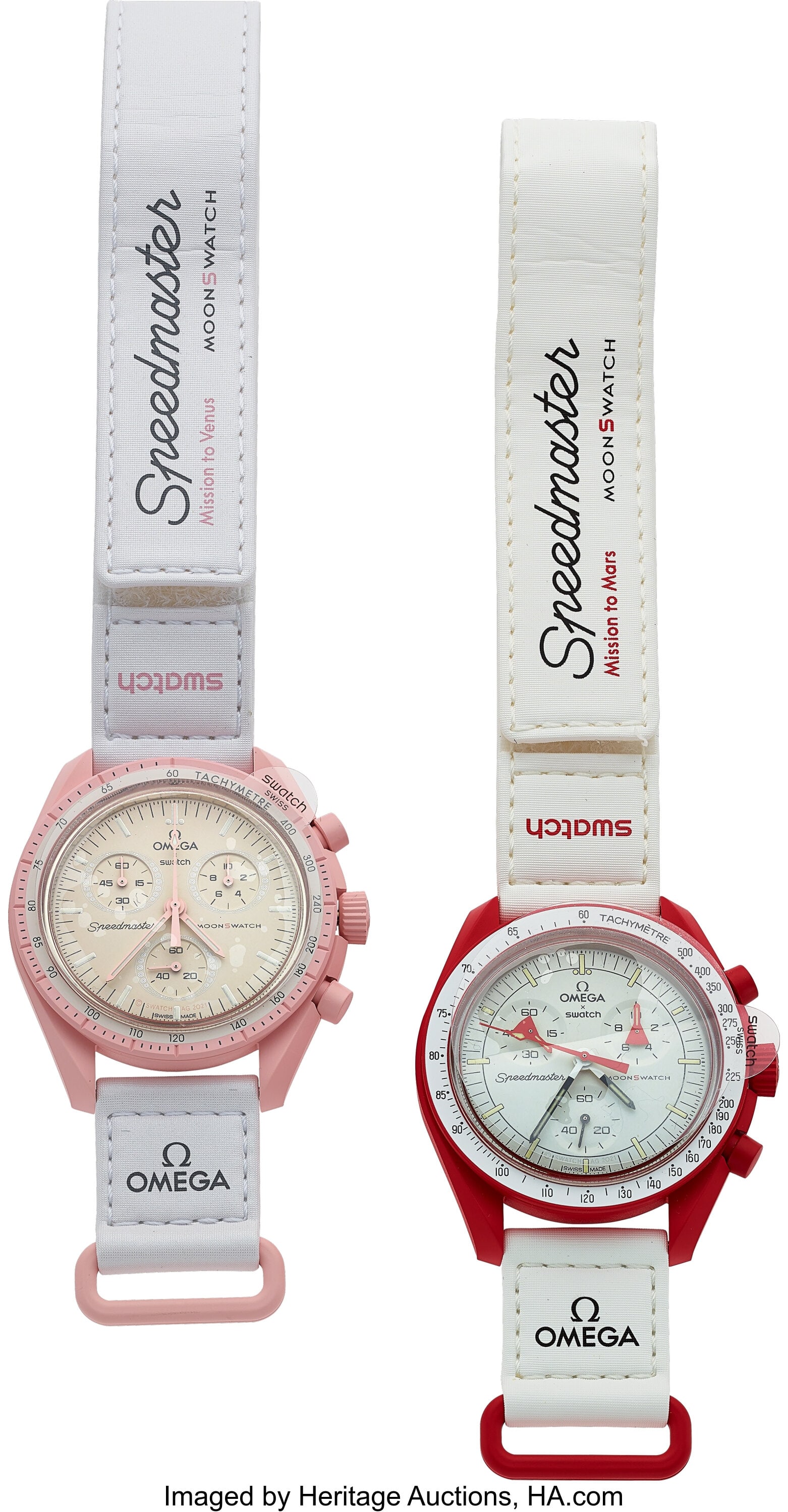 Pair of Omega Swatches "Mission to Venus" and "M: Pair of Omega Swatches "Mission to Venus" and "Mission to Mars" Case: 42 mm, bioceramic, three body (pink on Venus, red on Mars), push-pull crown, and