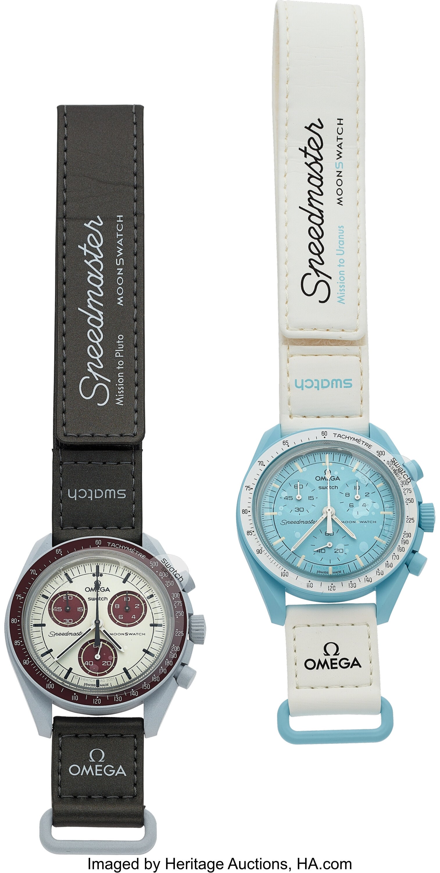 Pair of Omega Swatches "Mission to Uranus" and ": Pair of Omega Swatches "Mission to Uranus" and "Mission to Pluto" Case: 42 mm, bioceramic, three body (light blue on Uranus, lavender on Pluto), push-pull