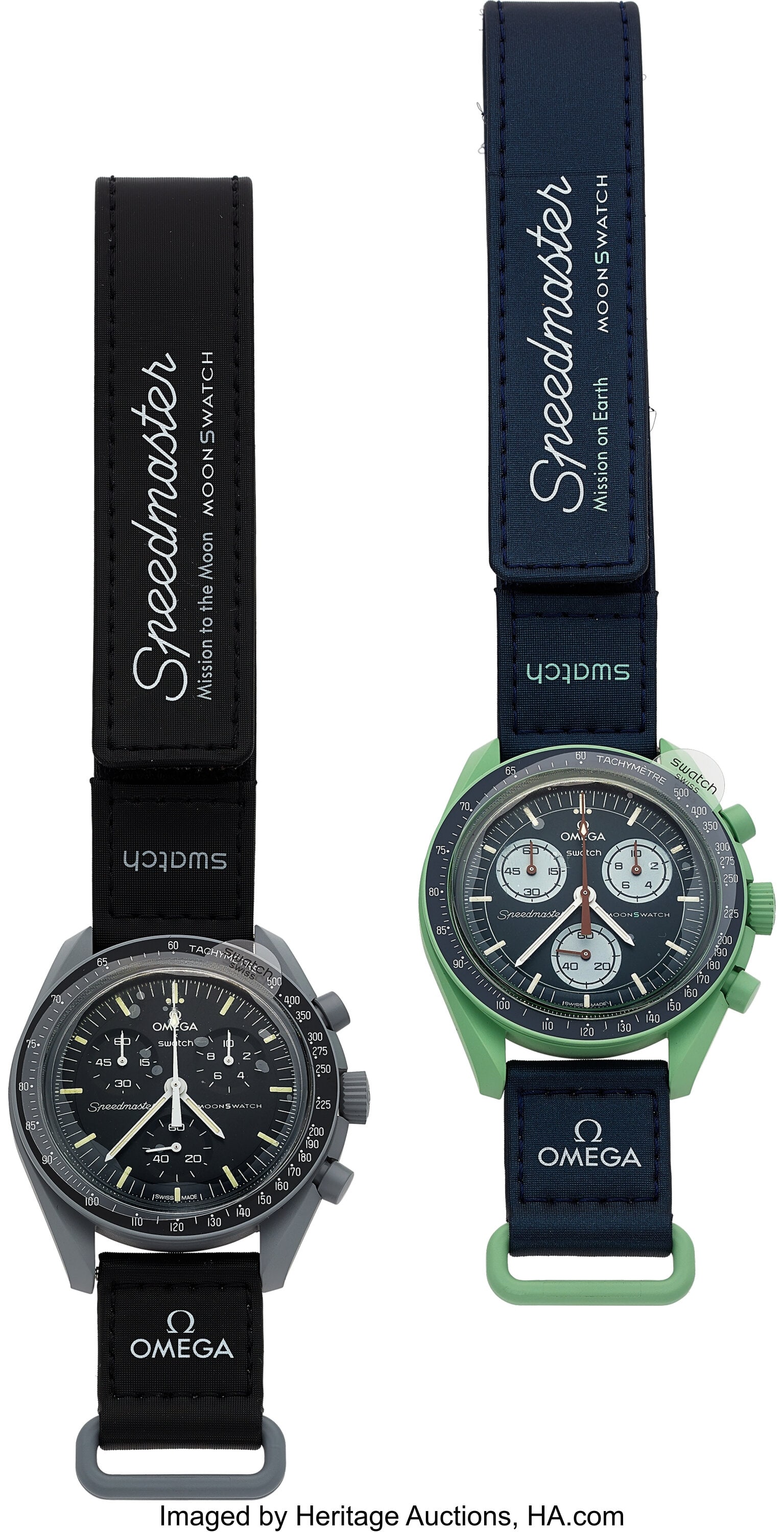 Pair of Omega Swatches "Mission to the Moon" and: Pair of Omega Swatches "Mission to the Moon" and "Mission on Earth" Case: 42 mm, bioceramic, three body (grey on the Moon, mint green on Earth), push-pull