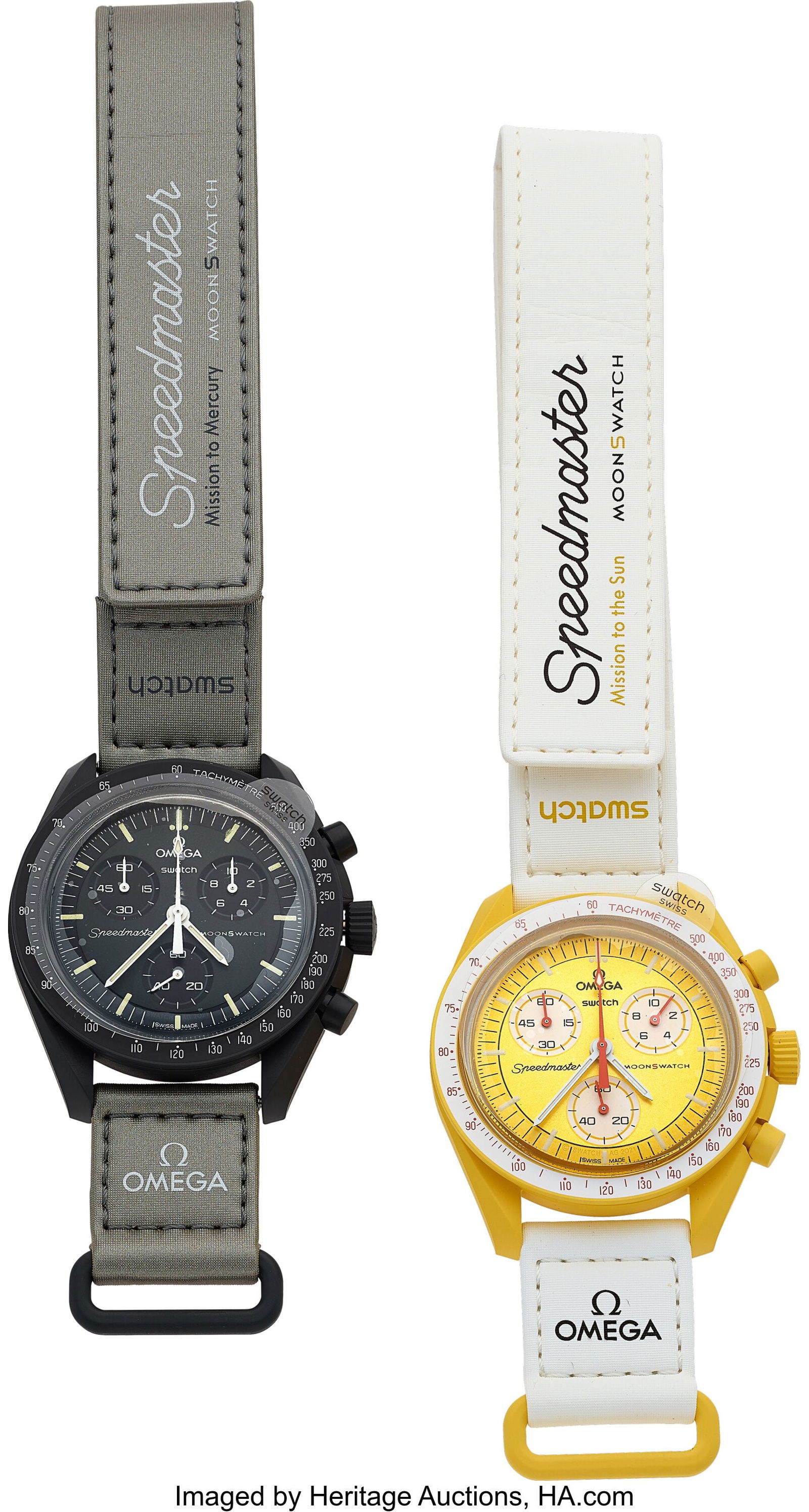 Pair of Omega Swatches "Mission to the Sun" and: Pair of Omega Swatches "Mission to the Sun" and "Mission to Mercury" Case: 42 mm, bioceramic, three body (yellow on the Sun, black on Mercury), push-pull