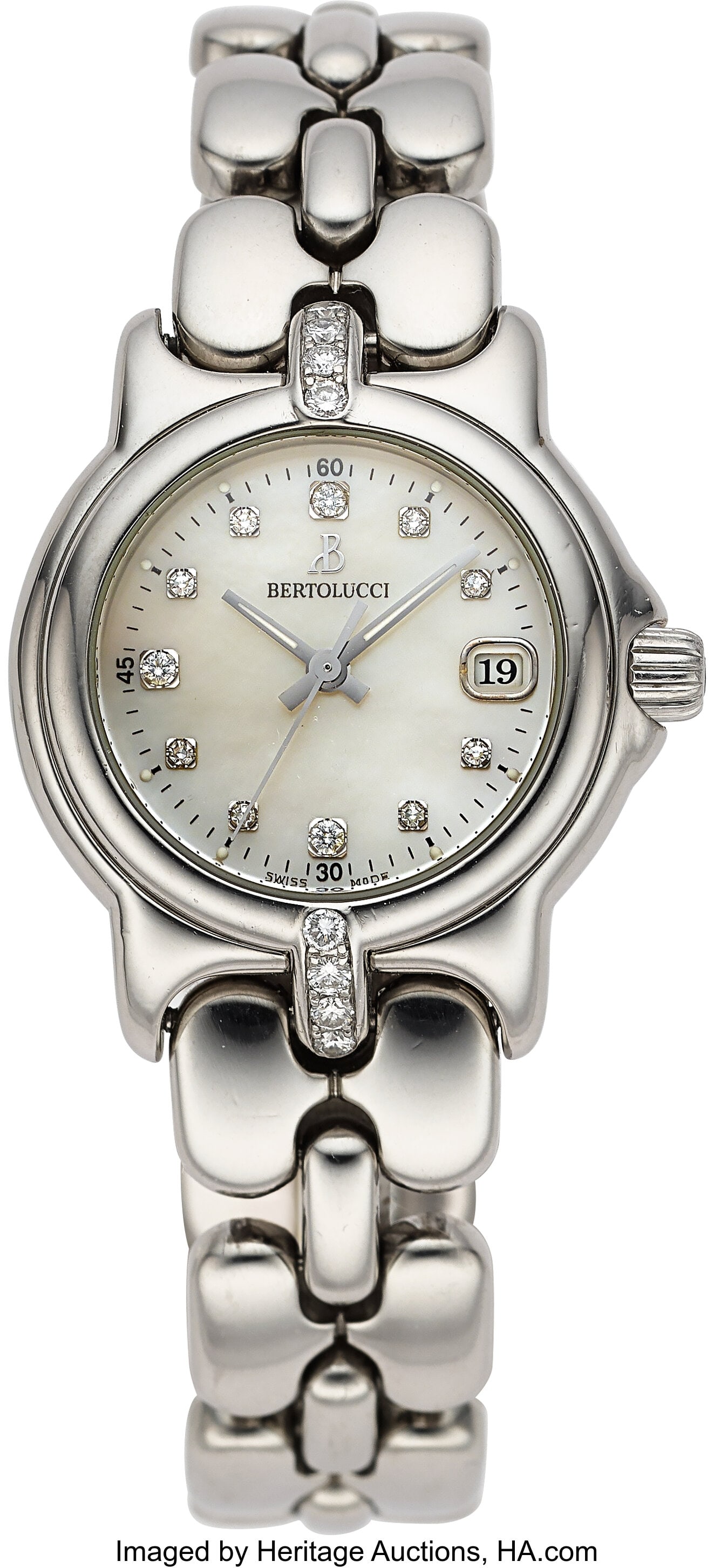 Bertolucci Pulchra, Stainless Steel with Diamond: Bertolucci Pulchra, Stainless Steel with Diamonds, Ref. 09541A Case: 29 mm, stainless steel, three body, four screw case back, diamond set center